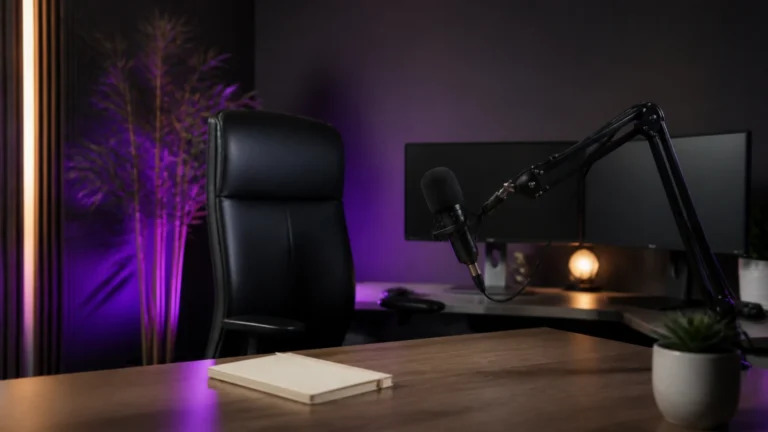 Coin de studio de streaming avec micro sur bras articulé, écrans éteints et carnet posé au premier plan