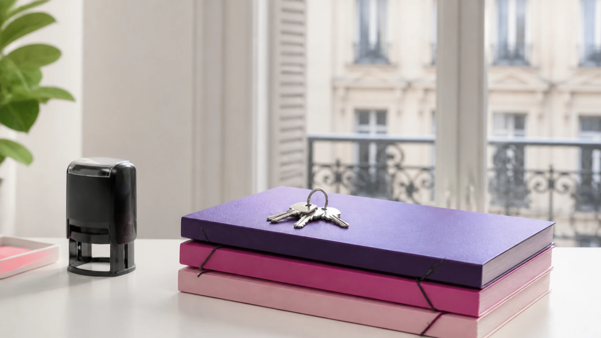 Clés neuves posées sur trois dossiers fermés à côté d’un tampon, sur un bureau clair