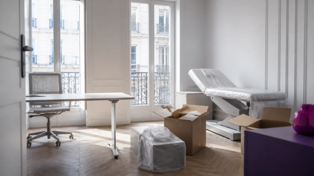 Cabinet médical en cours d'installation avec cartons ouverts et table d'examen protégée