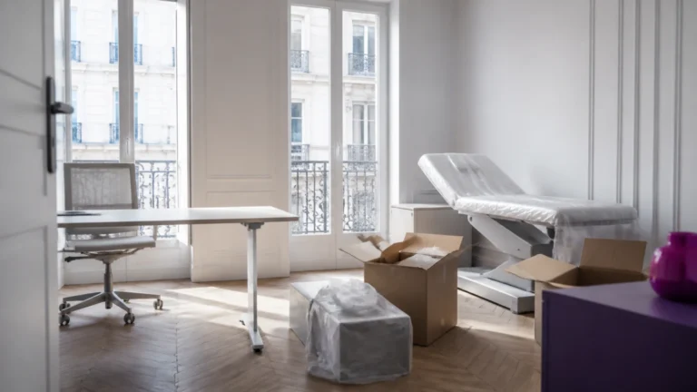 Cabinet médical en cours d'installation avec cartons ouverts et table d'examen protégée