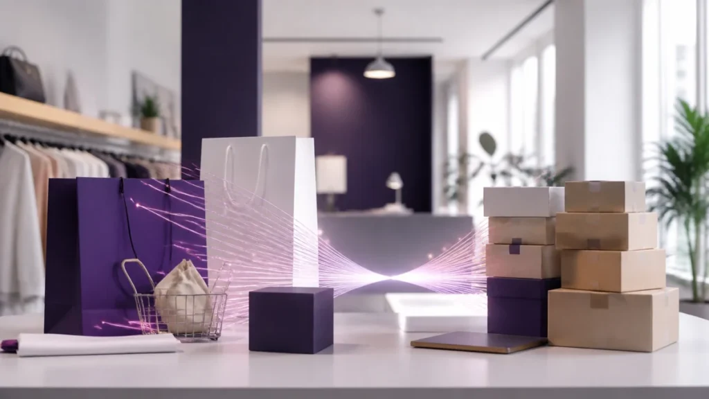 Sacs, cartons et panier reliés par des faisceaux lumineux sur un comptoir de boutique