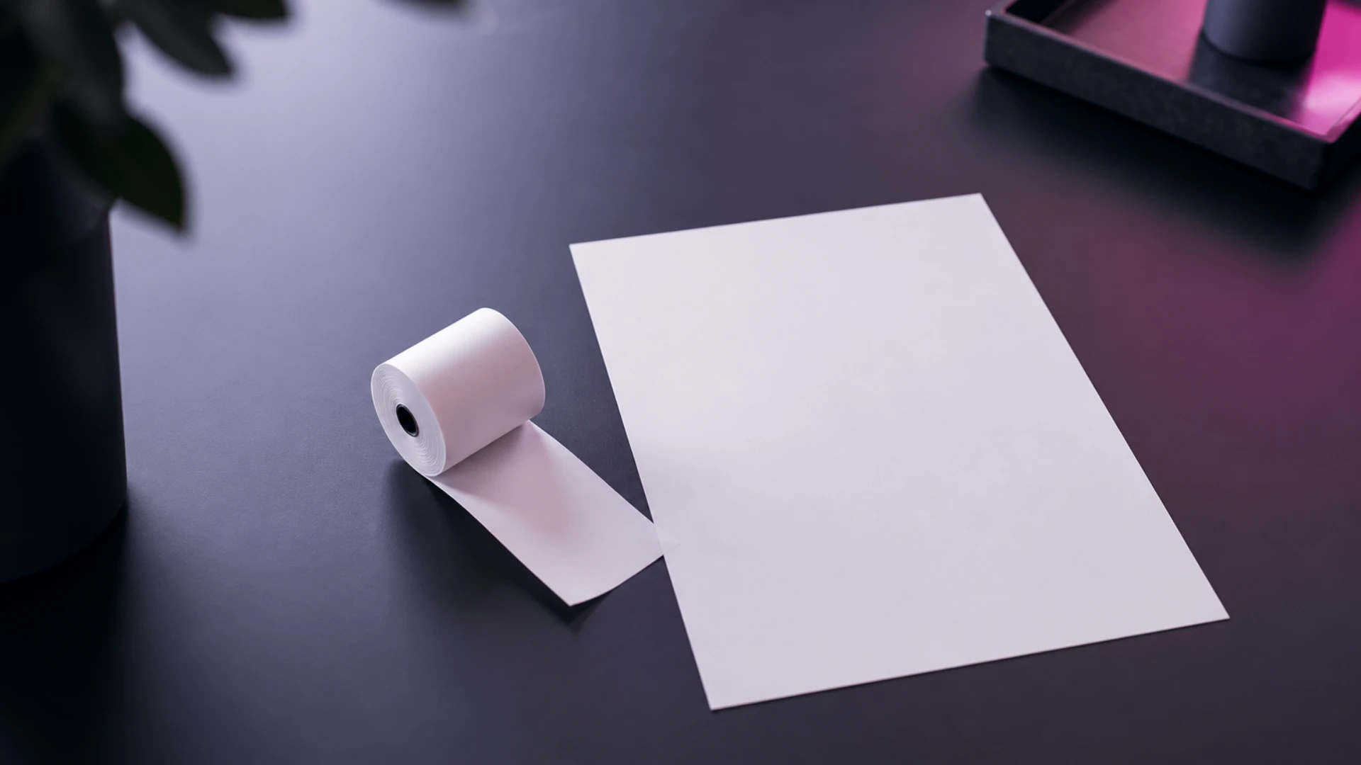 Rouleau de papier thermique vierge posé à côté d’une feuille de format classique