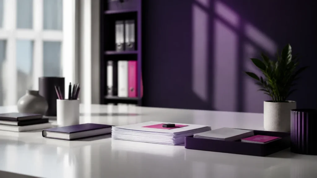 Pile de feuilles et carnets sur un plan de travail blanc devant un mur violet foncé