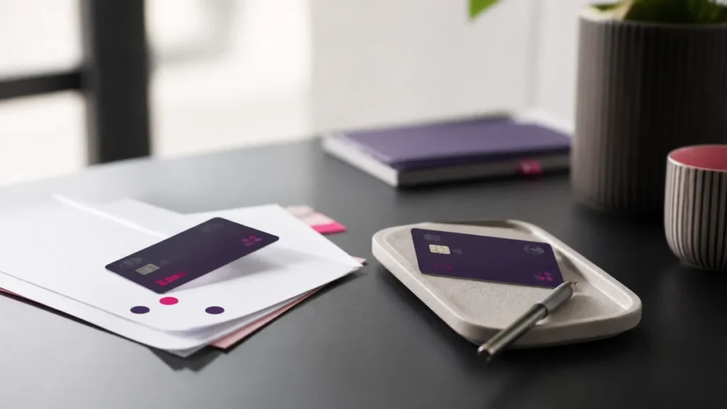 Deux cartes bancaires violettes posées sur des feuilles et sur un vide-poche en pierre