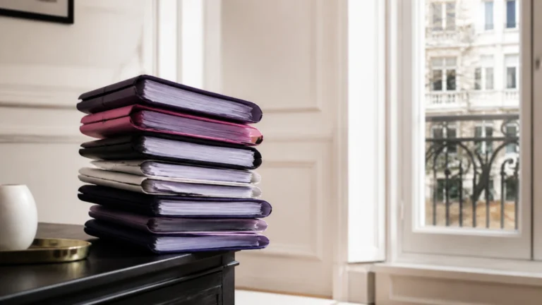 Pile de dossiers penchée en équilibre instable sur le coin d'un bureau