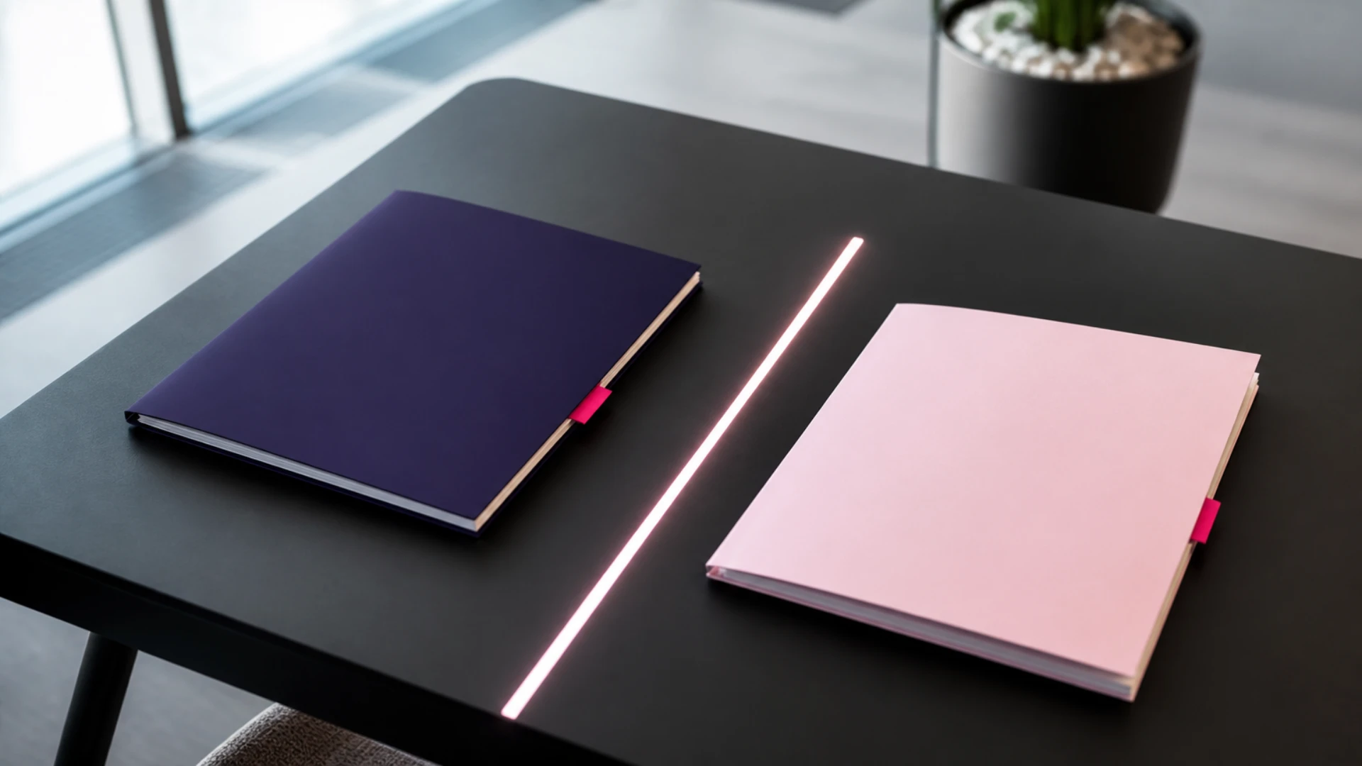 Deux dossiers de couleurs différentes séparés par une ligne de lumière sur une table sombre