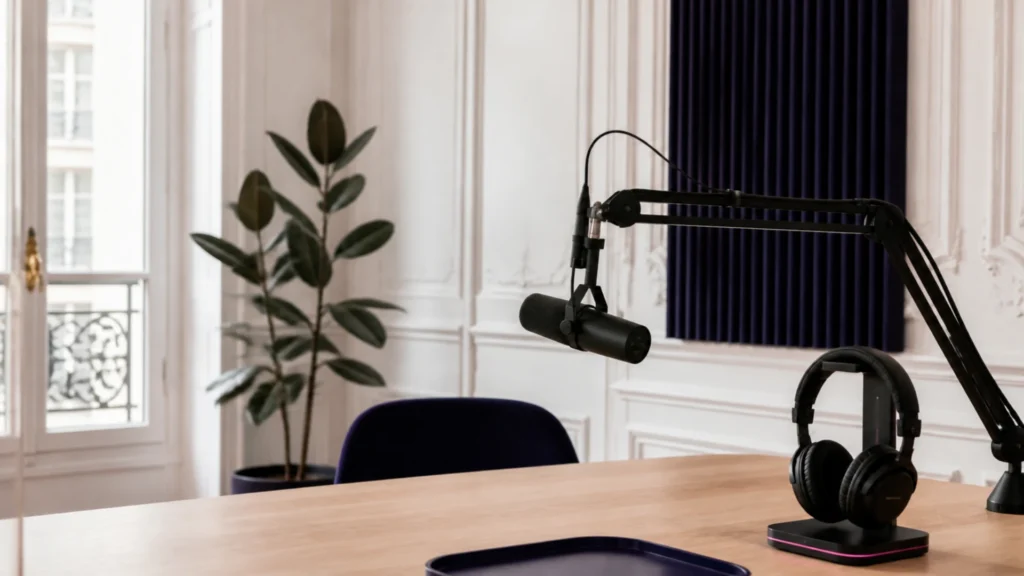 Micro de studio et casque posés sur une table dans un appartement haussmannien