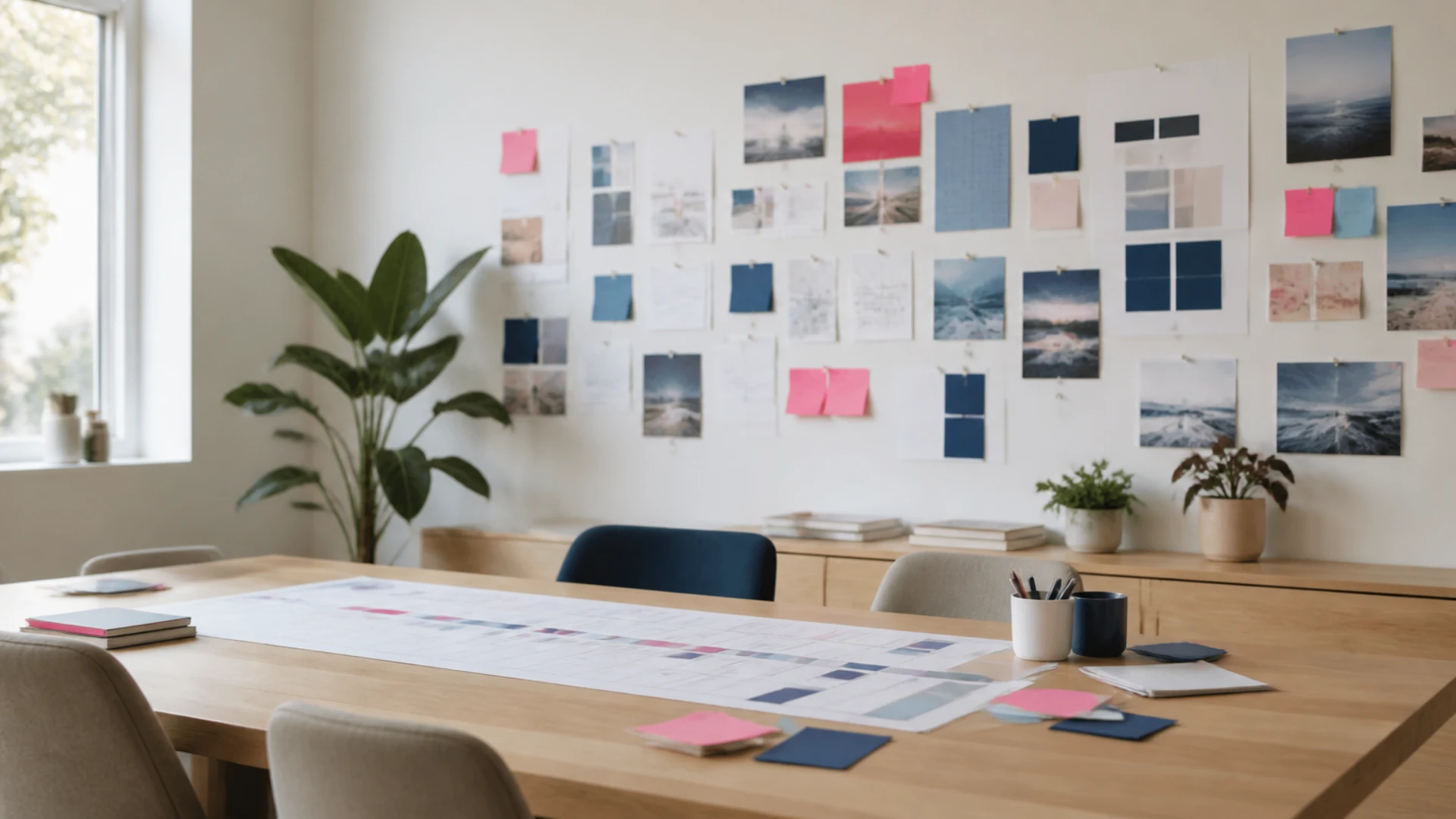 Mur de planches de tendance et rétroplanning papier déplié dans la salle de réunion d'une agence de communication