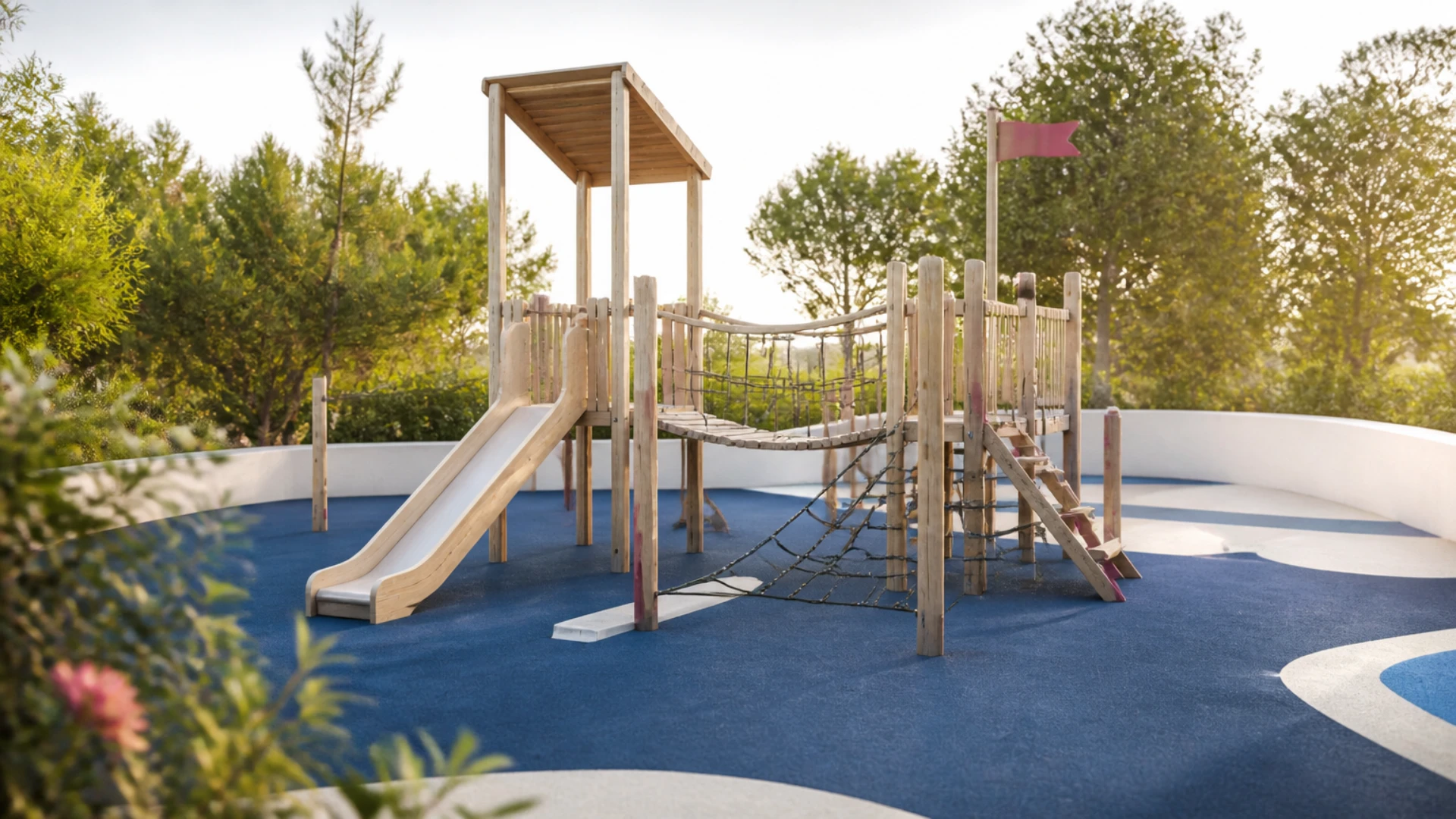 Structure de jeu en bois et cordage sur une aire de jeux au sol souple, sans personne