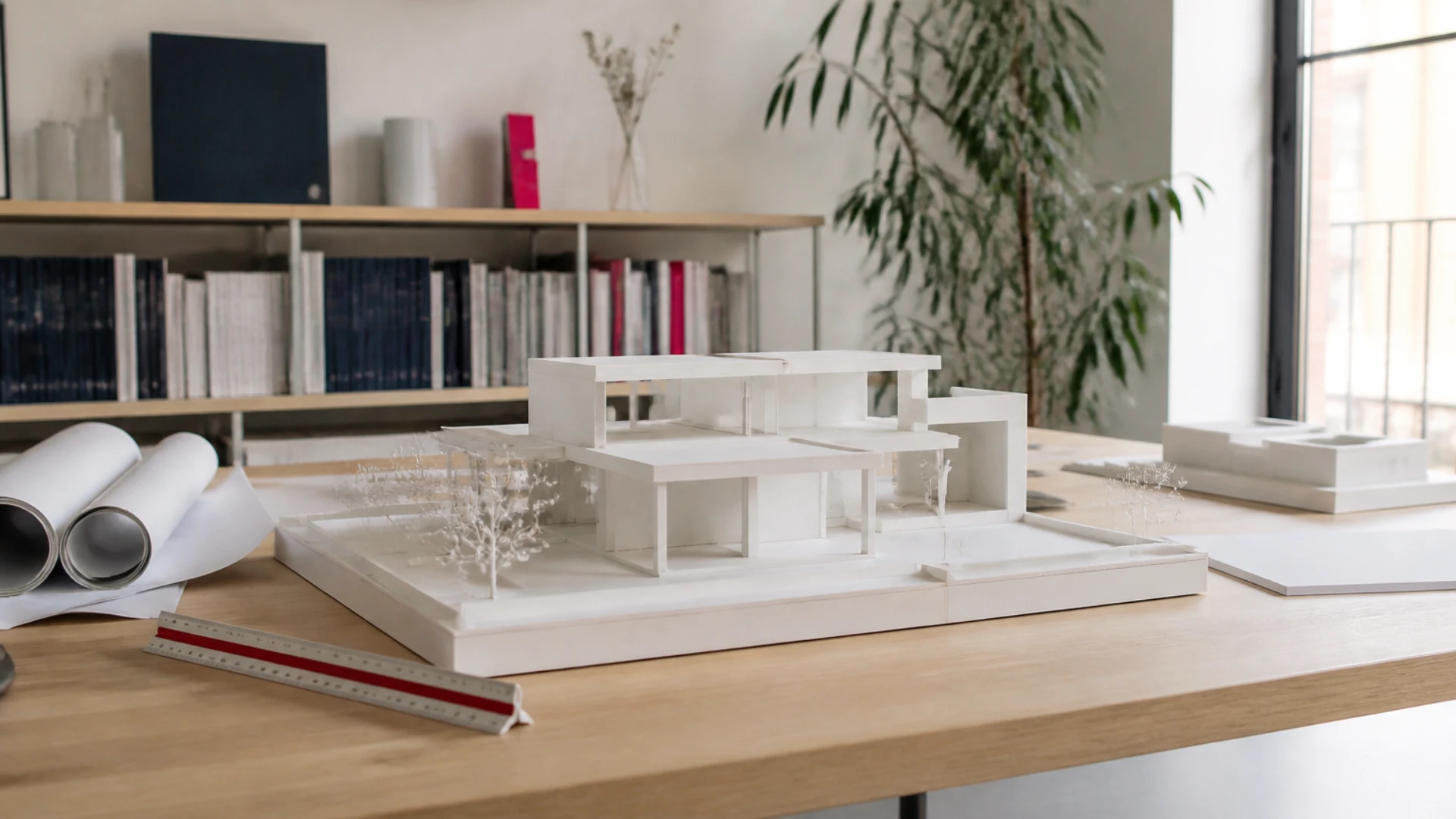 Maquette d'architecture en carton blanc sur une table à dessin, à côté d'un rouleau de plans et d'une règle d'échelle