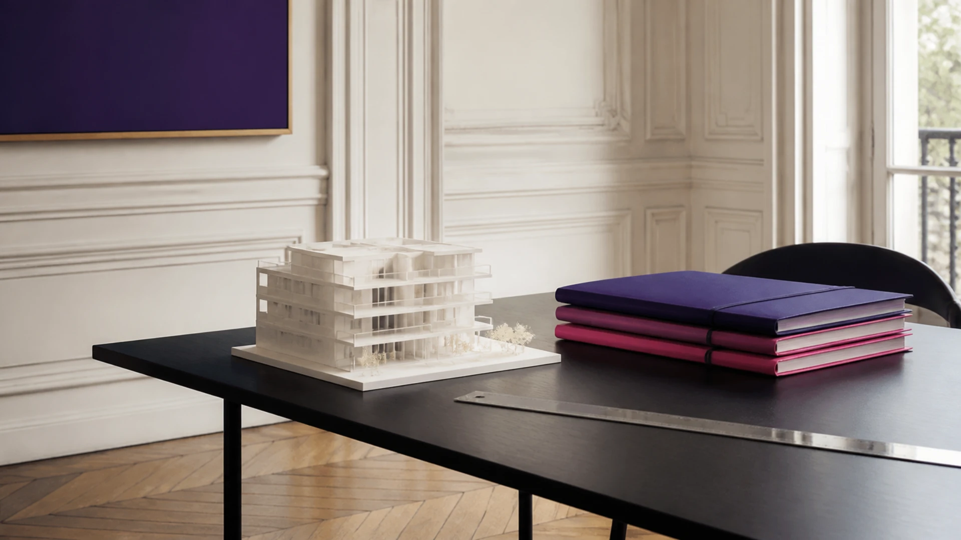 Maquette blanche d’immeuble posée près d’une pile de dossiers sur une table haussmannienne