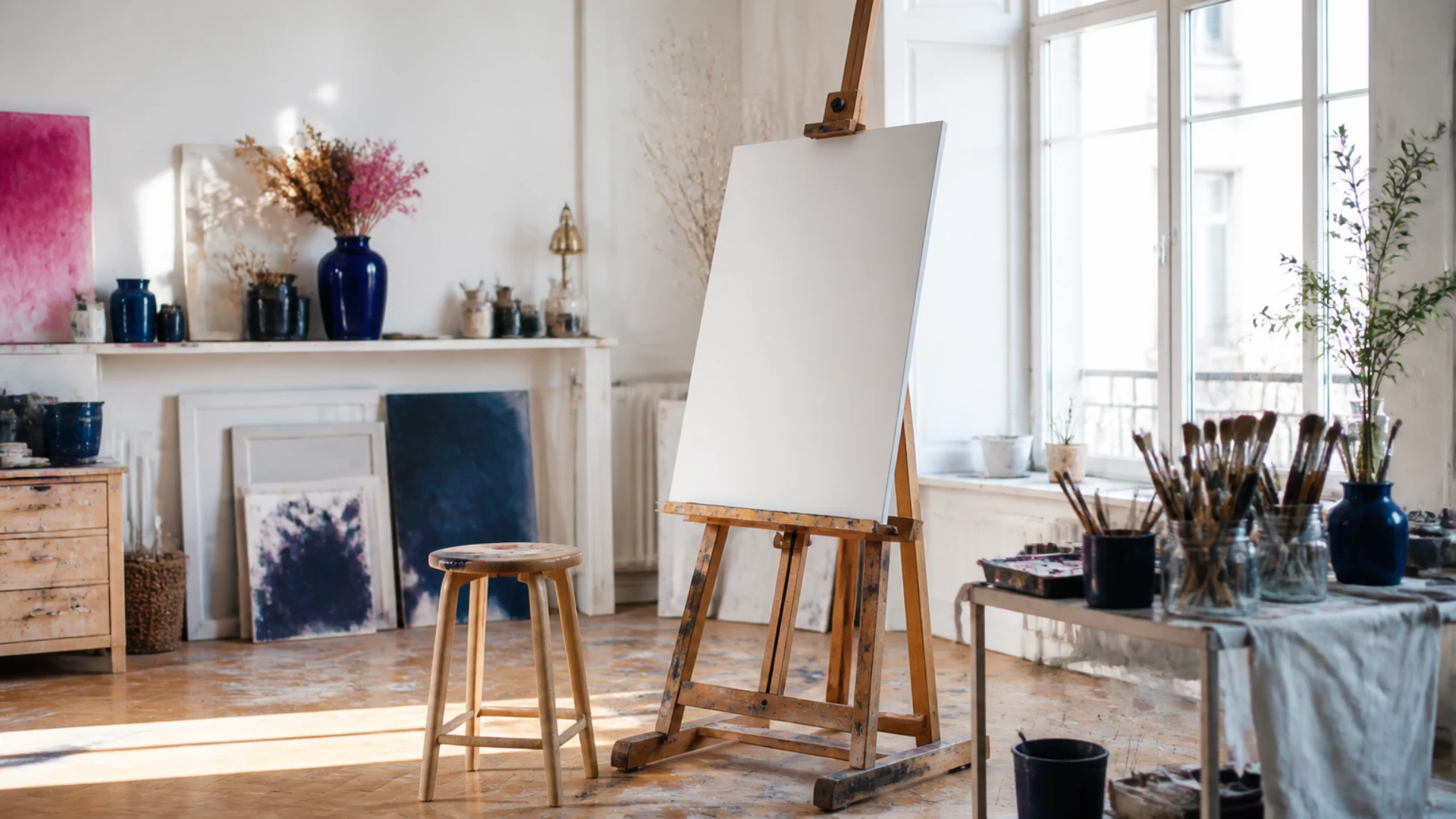 Chevalet portant une toile vierge dans un atelier d'artiste avec pots de pinceaux et tabouret