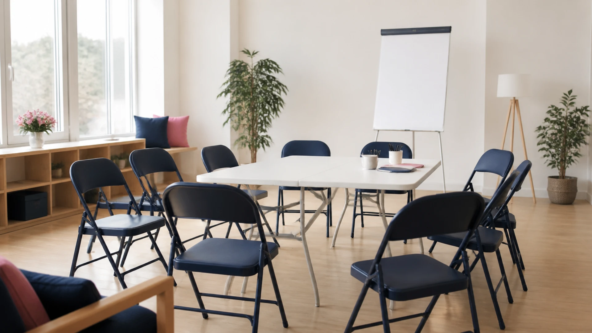 Chaises pliantes en cercle autour d'une table et paperboard vierge dans une salle associative