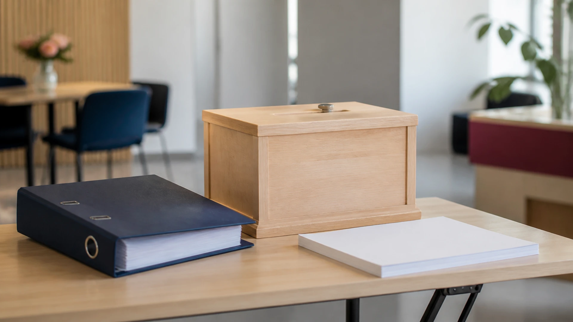 Classeur fermé posé près d'une urne en bois et d'une pile de feuilles vierges