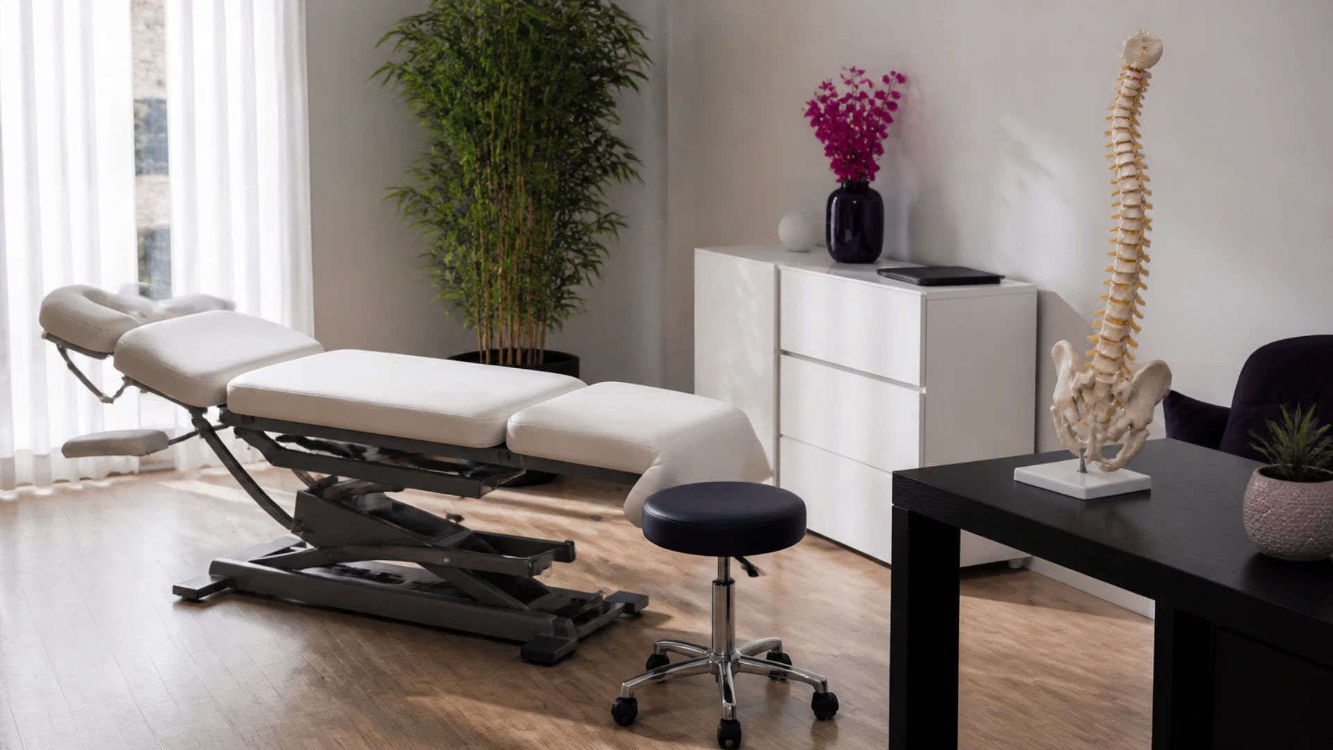 Cabinet de chiropraxie avec table de soins articulée et modèle anatomique de colonne vertébrale