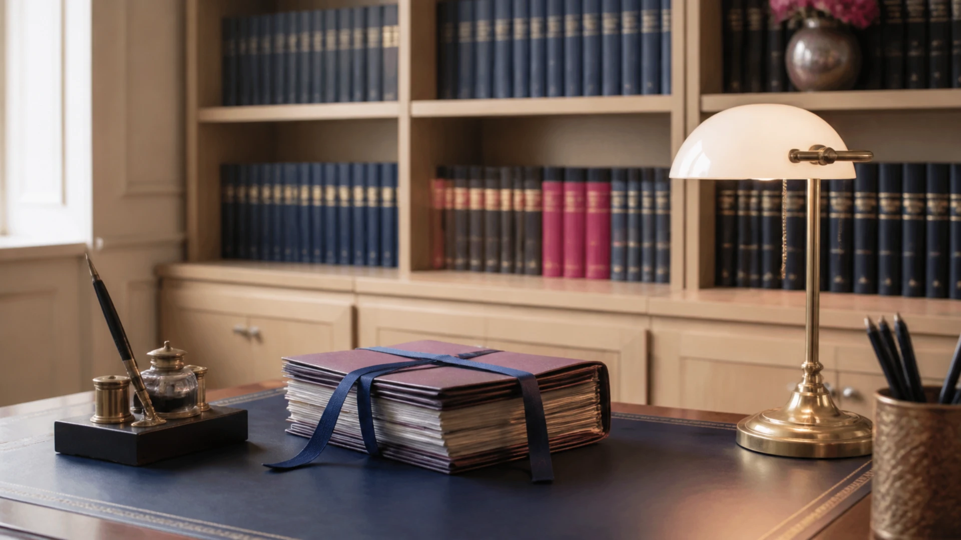 Bureau d'étude avec sous-main en cuir, chemise à sangles fermée et bibliothèque de volumes reliés