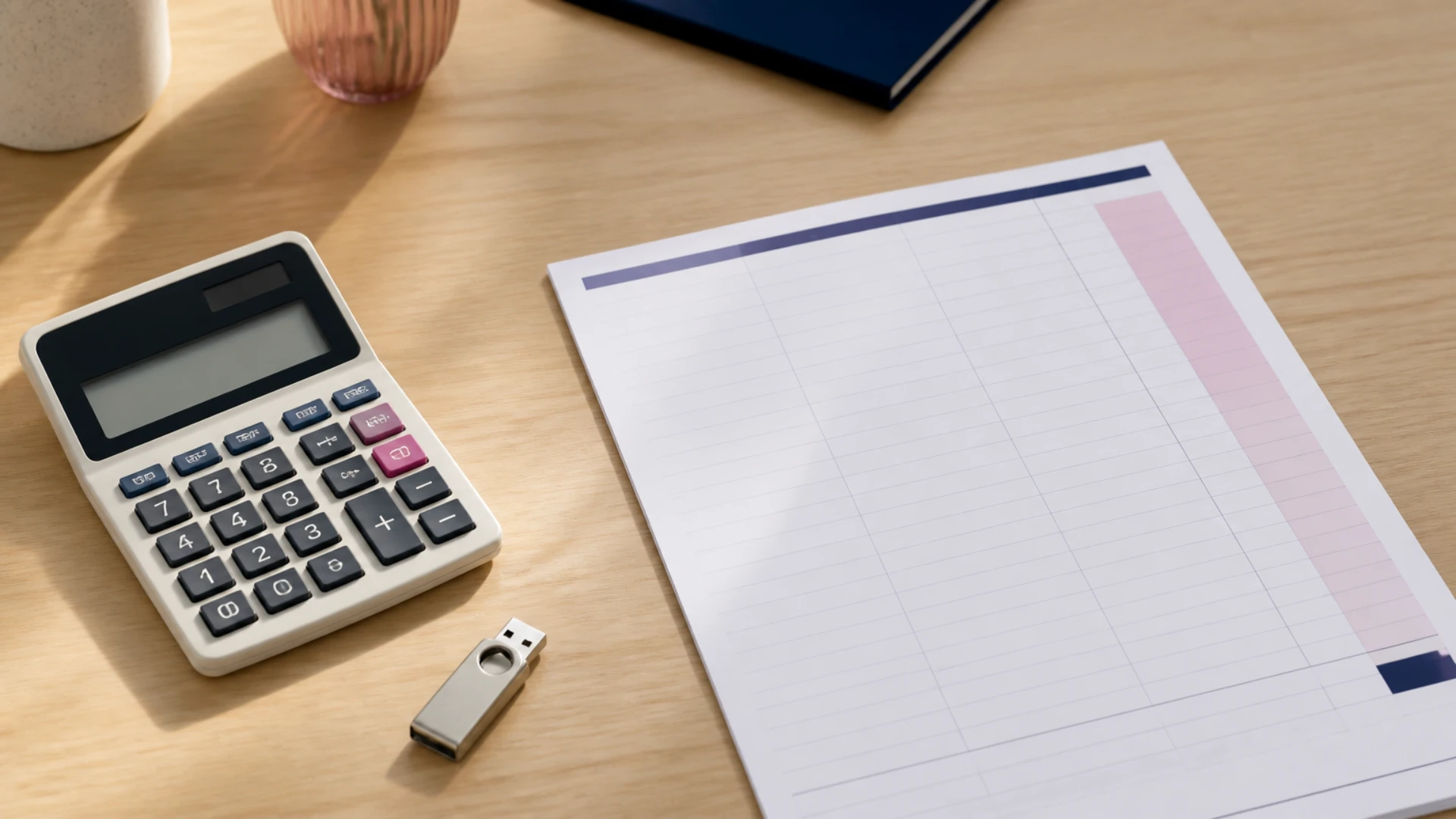 Calculatrice, clé USB métallique et feuille de calcul vierge posées sur une table en bois clair