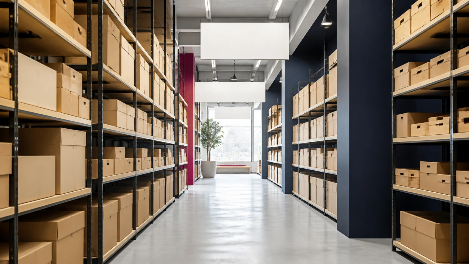 Allée de magasin bordée de rayonnages garnis de cartons neutres, sans personne