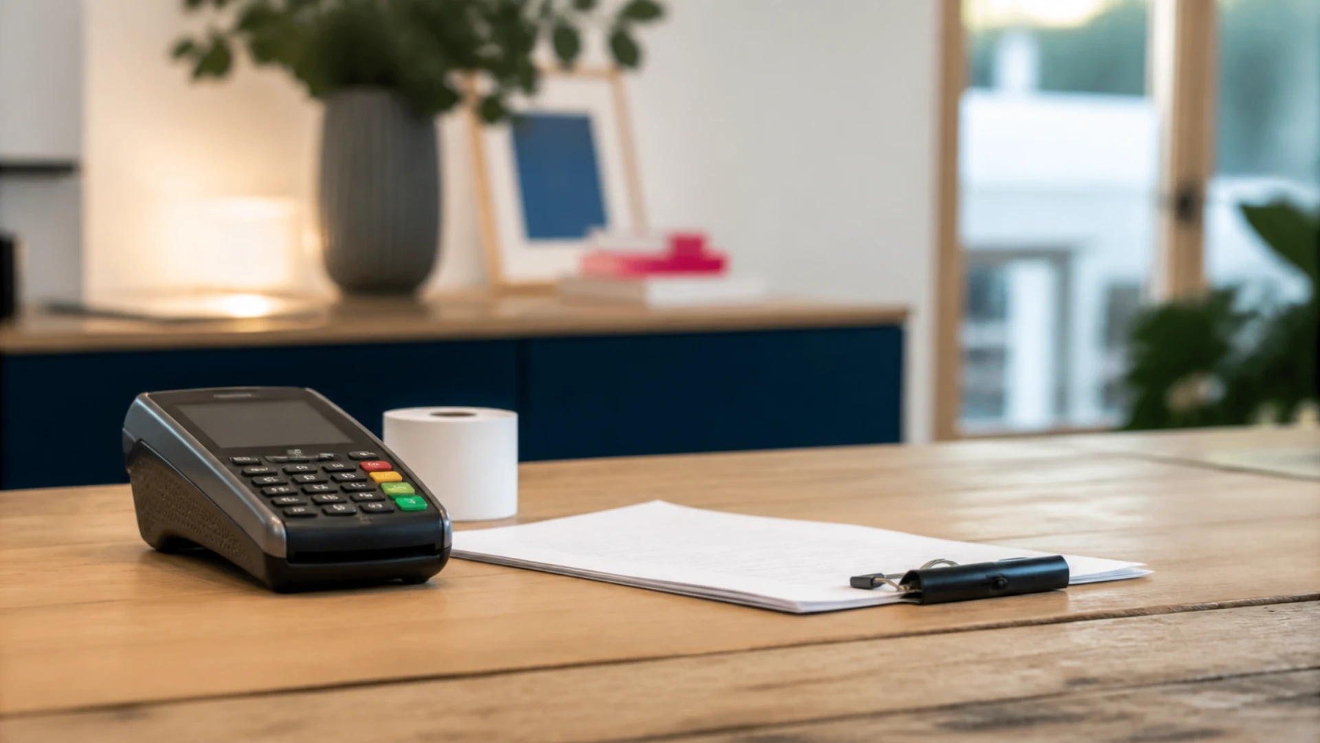 Contrat relié fermé posé sur un comptoir de caisse à côté d'un terminal de paiement éteint