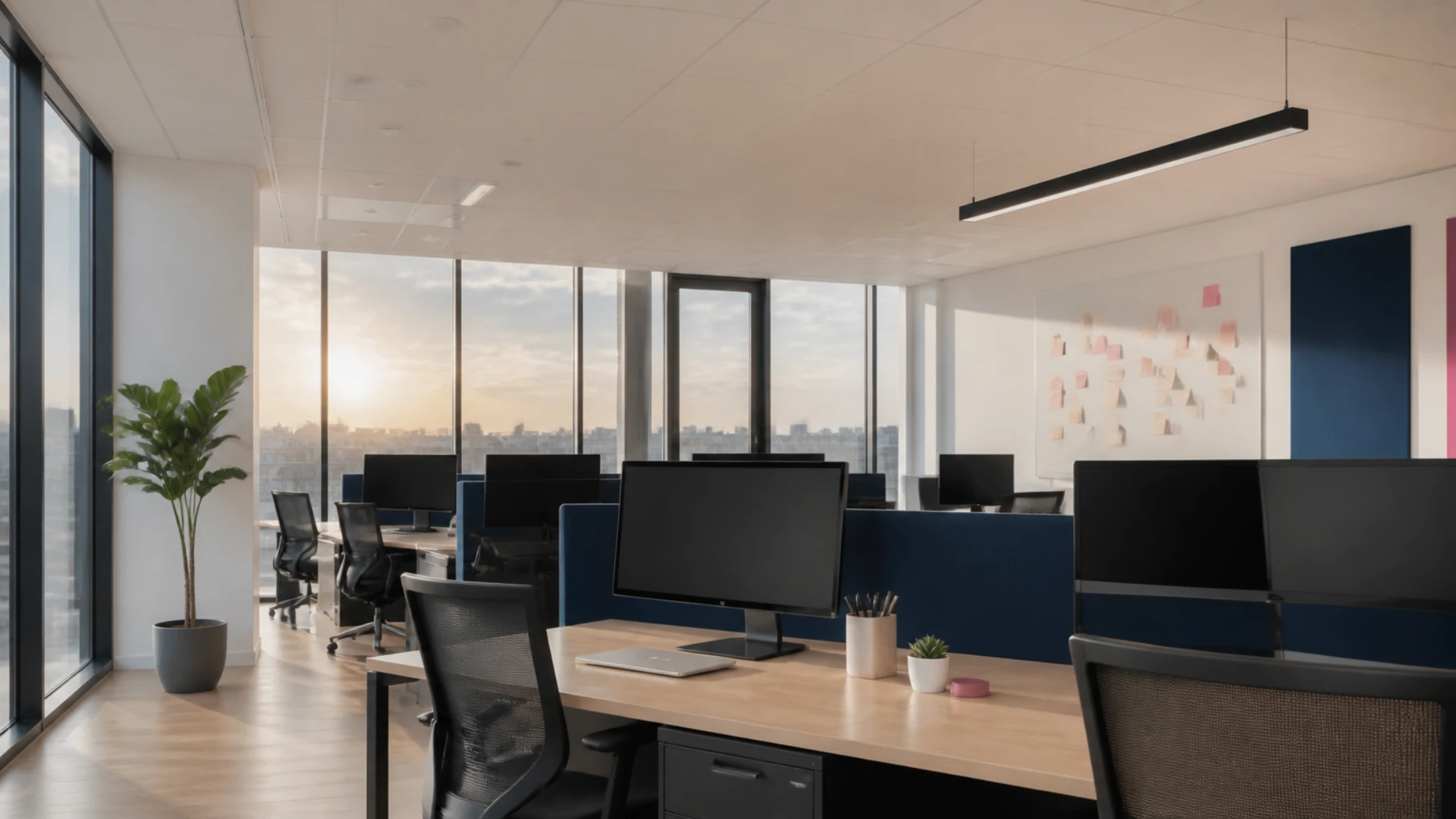 Plateau de bureaux vide avec écrans éteints et tableau blanc couvert de pense-bêtes