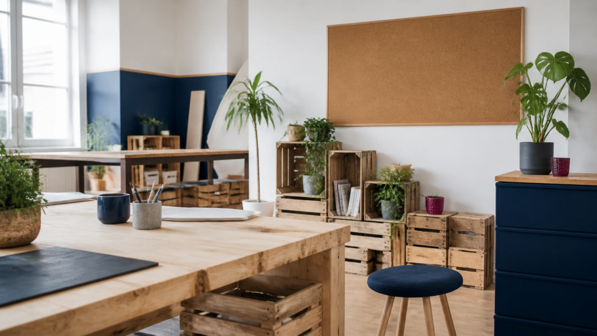Atelier partagé avec établis en bois, caisses empilées et panneau de liège vierge