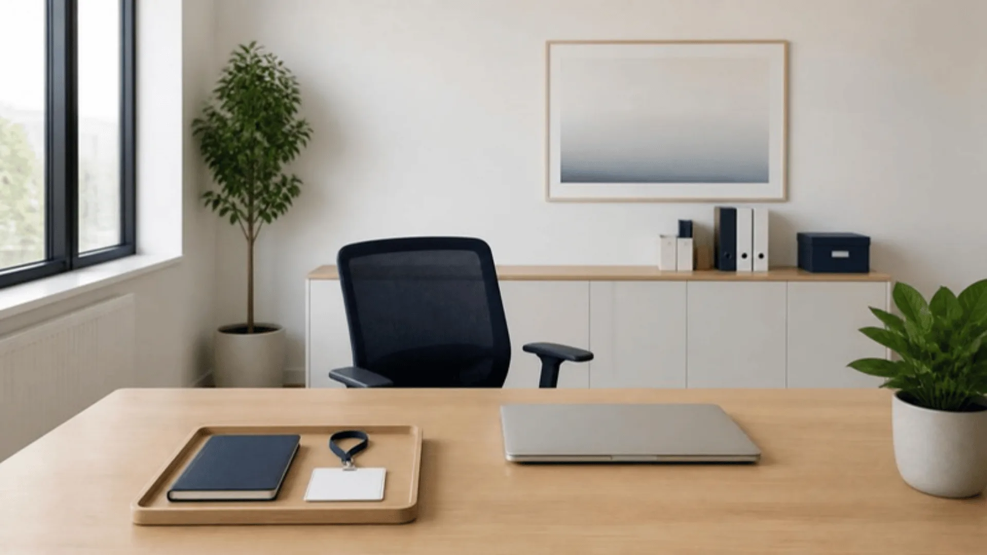 Poste de travail préparé avec ordinateur fermé, badge vierge et carnet neuf posés sur le bureau
