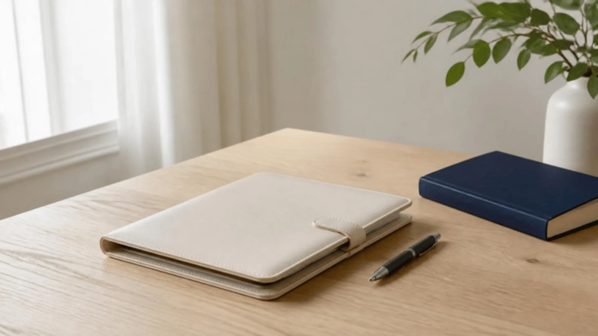 Contrat relié fermé posé à côté d'un stylo et d'un ouvrage relié à couverture bleu nuit