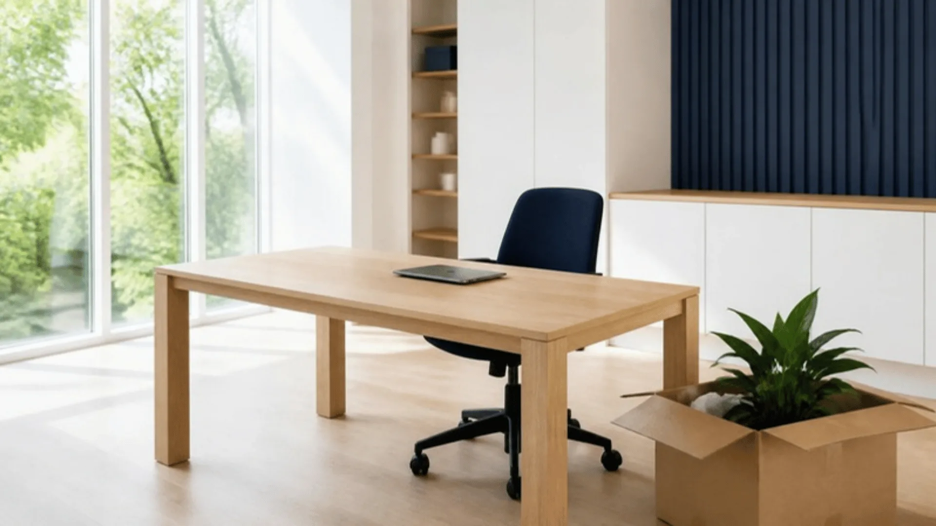 Bureau neuf encore vide avec ordinateur portable fermé et carton de déménagement ouvert