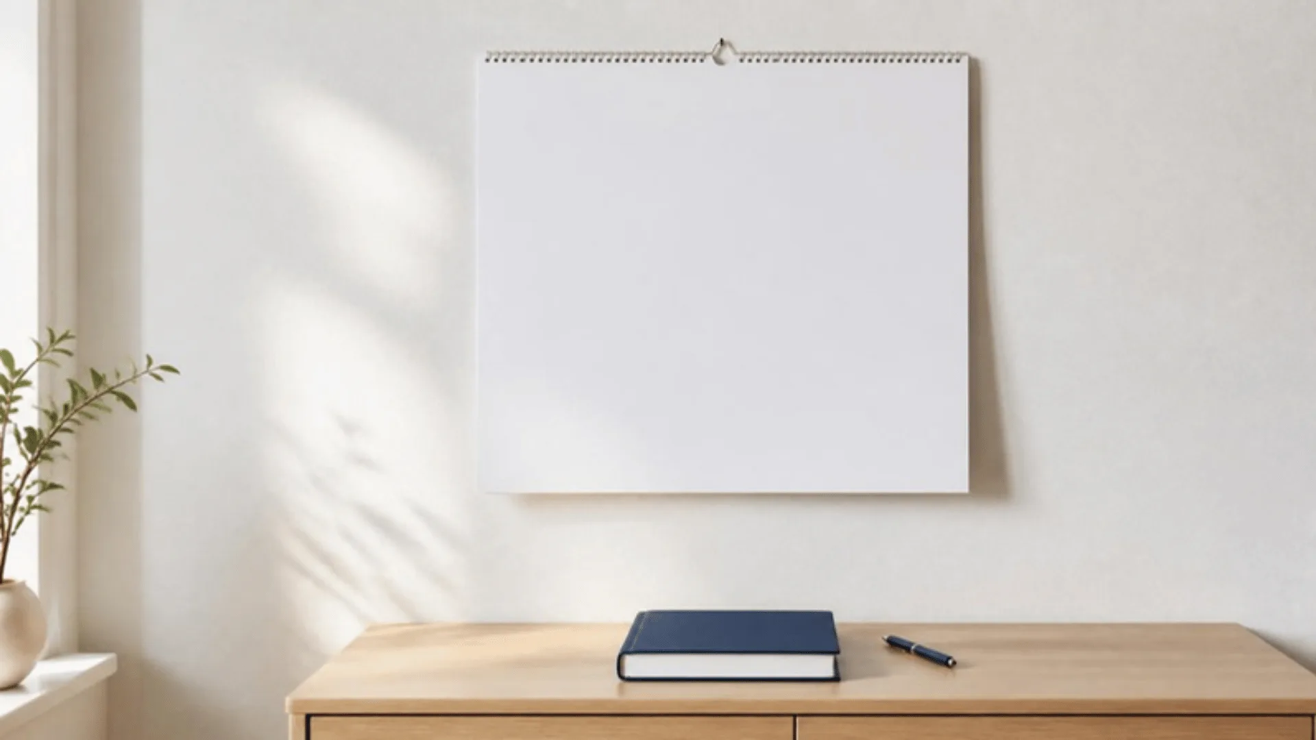 Calendrier mural vierge au-dessus d'une table où sont posés un dossier relié fermé et un stylo