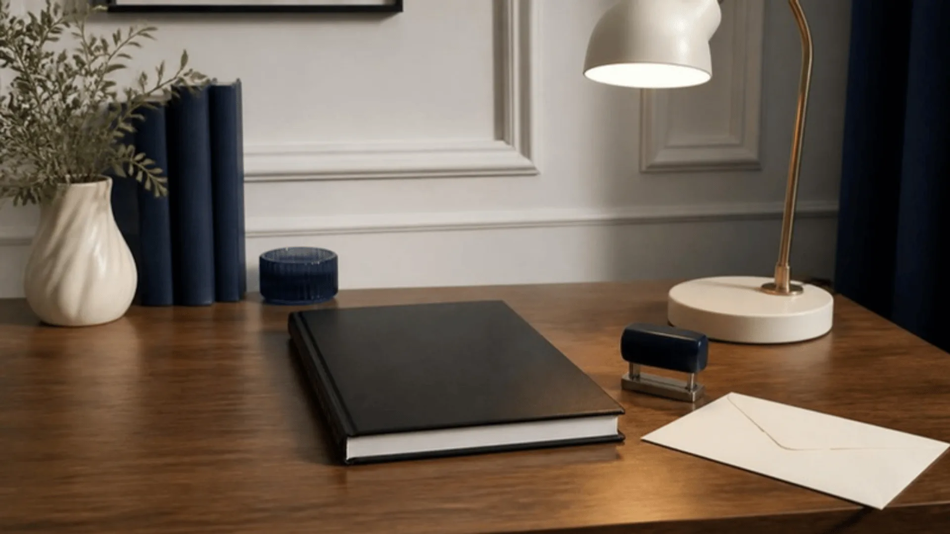 Registre relié fermé, tampon encreur et enveloppe posés sur un bureau sous une lampe
