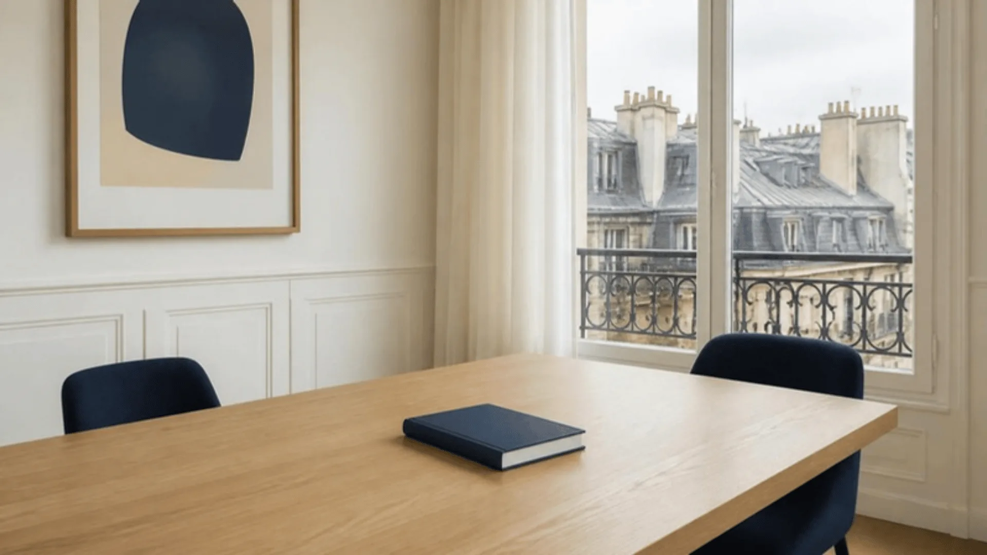 Dossier relié fermé posé au centre d'une table de réunion devant une fenêtre sur des toits parisiens