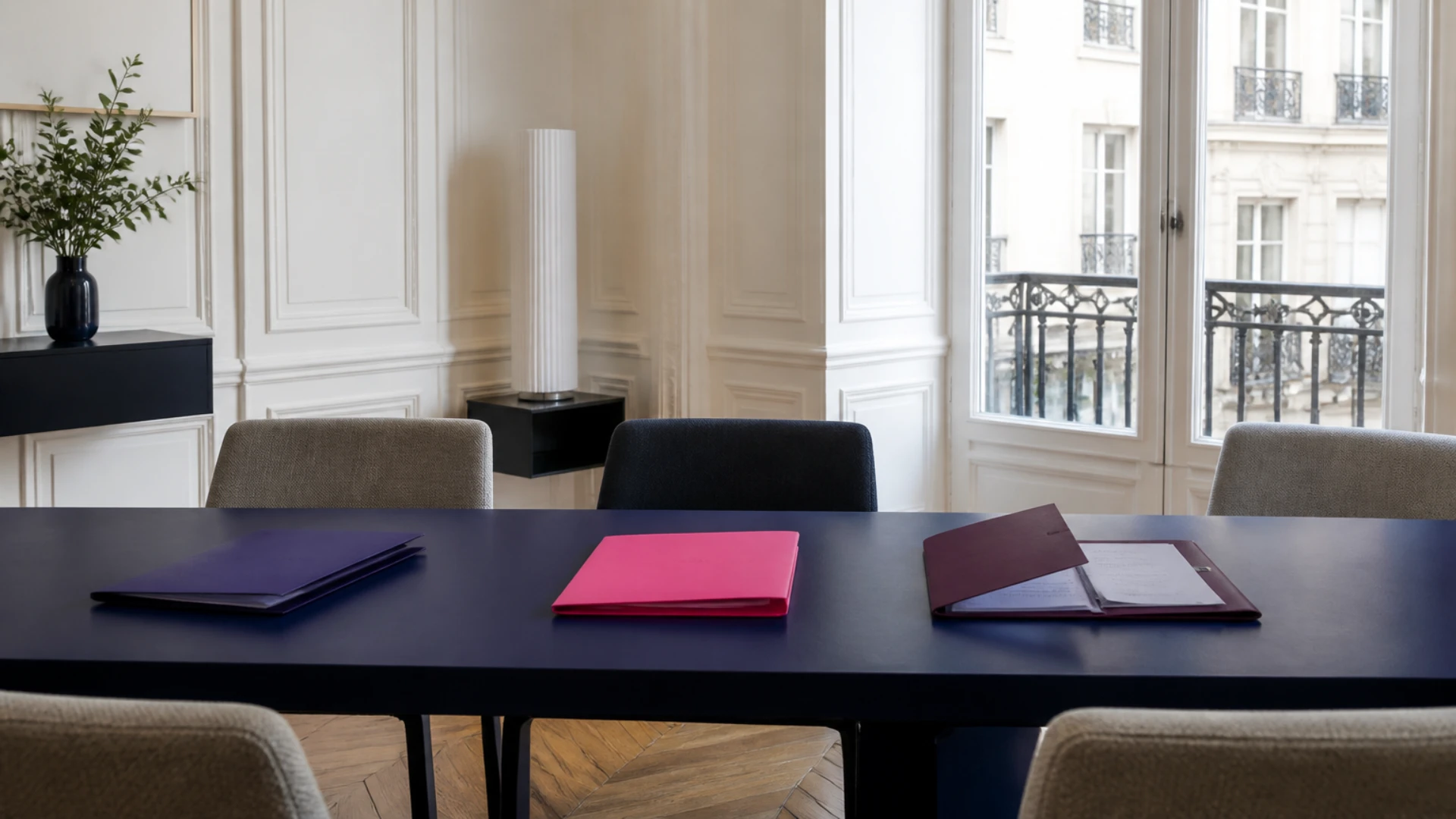 Table de réunion d’un cabinet haussmannien avec trois dossiers séparés, un seul ouvert, illustrant le choix du périmètre d’un audit contractuel