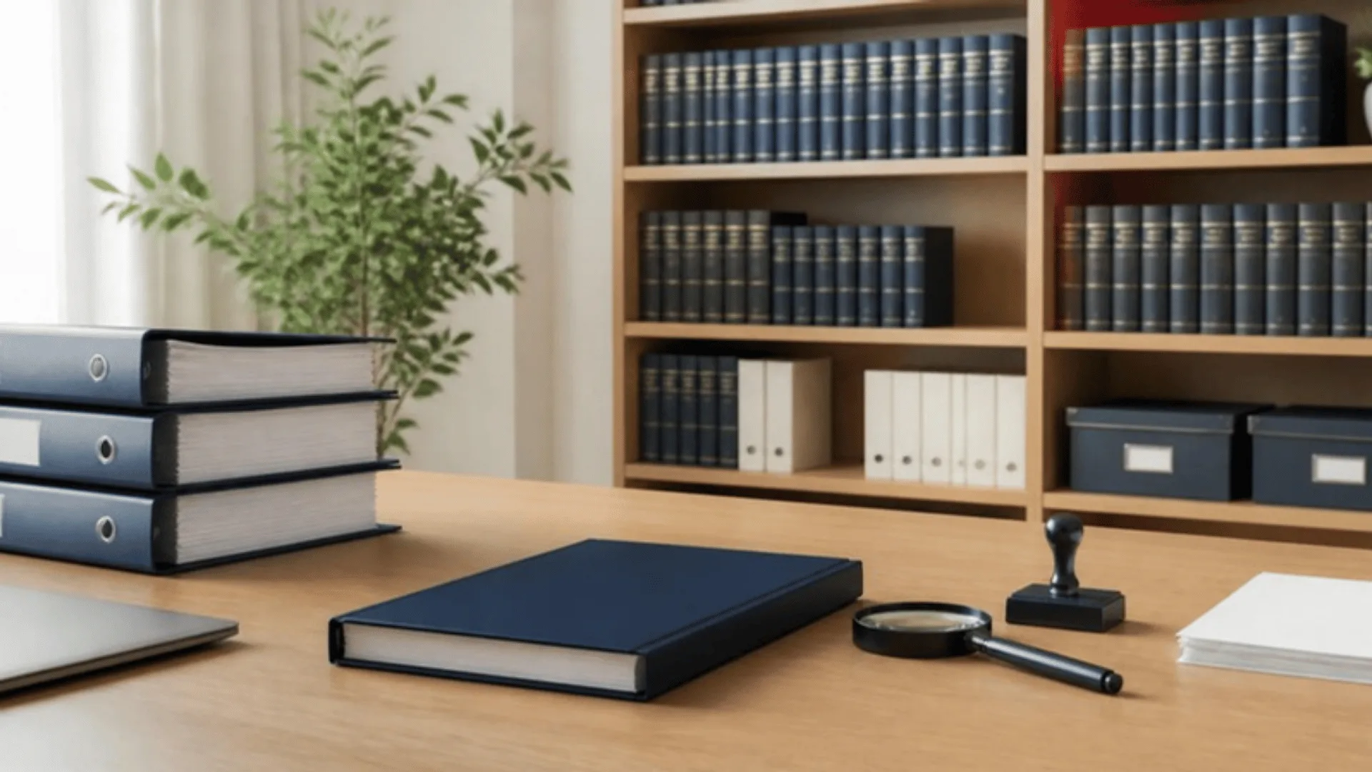 Rapport relié fermé, loupe et tampon sec sur un bureau devant une bibliothèque de volumes reliés