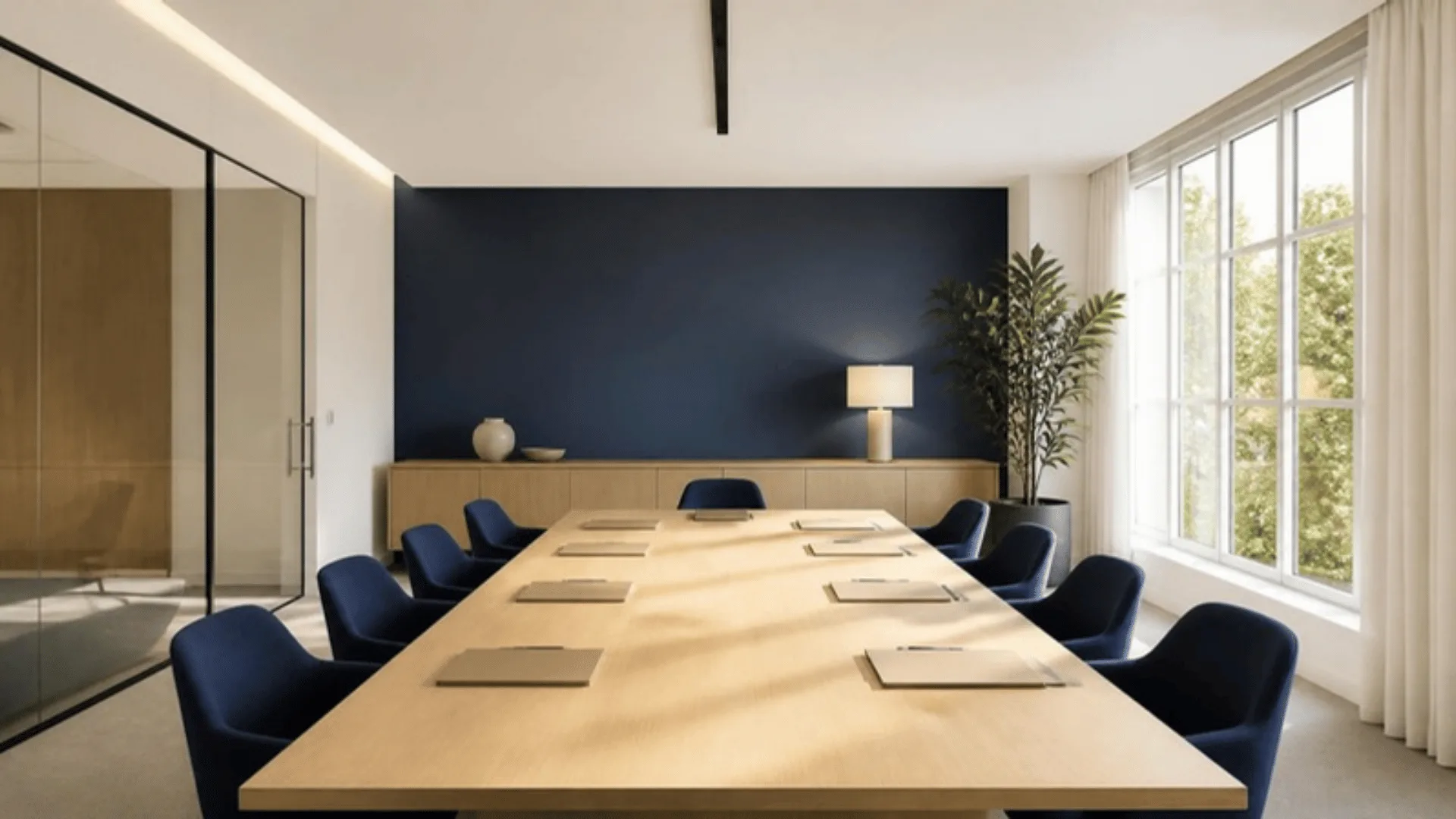 Longue table de réunion avec un dossier fermé disposé à chaque place devant des chaises vides