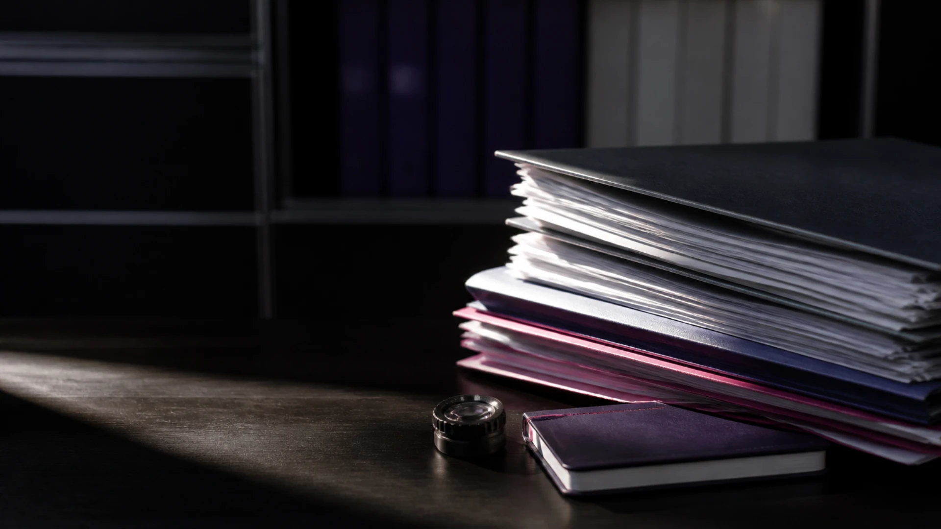 Loupe posée près d’une pile de dossiers partiellement éclairée, illustrant le périmètre d’un audit légal