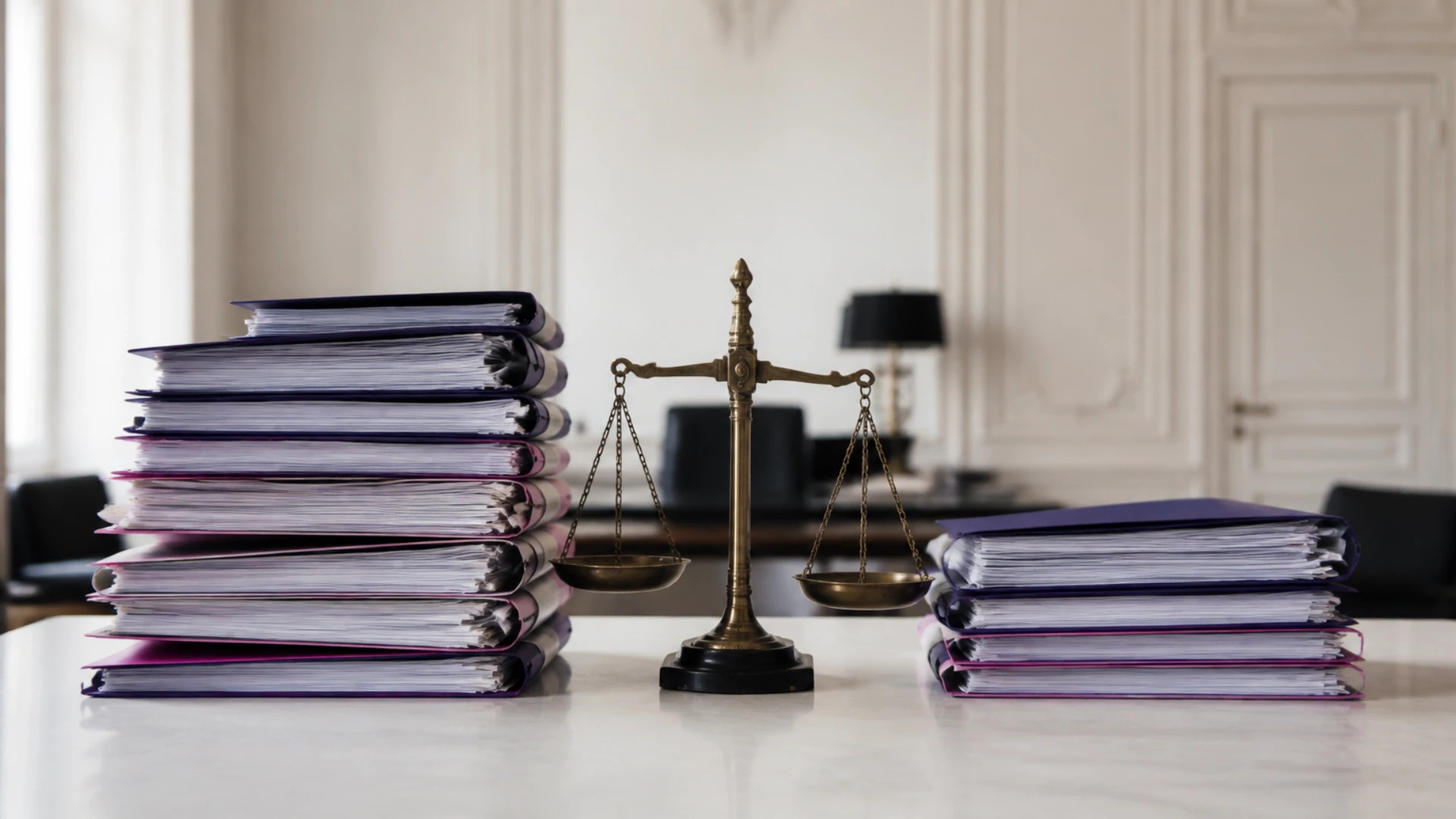 Deux piles de dossiers réunies autour d’une balance de précision, illustrant le contrôle d’une fusion