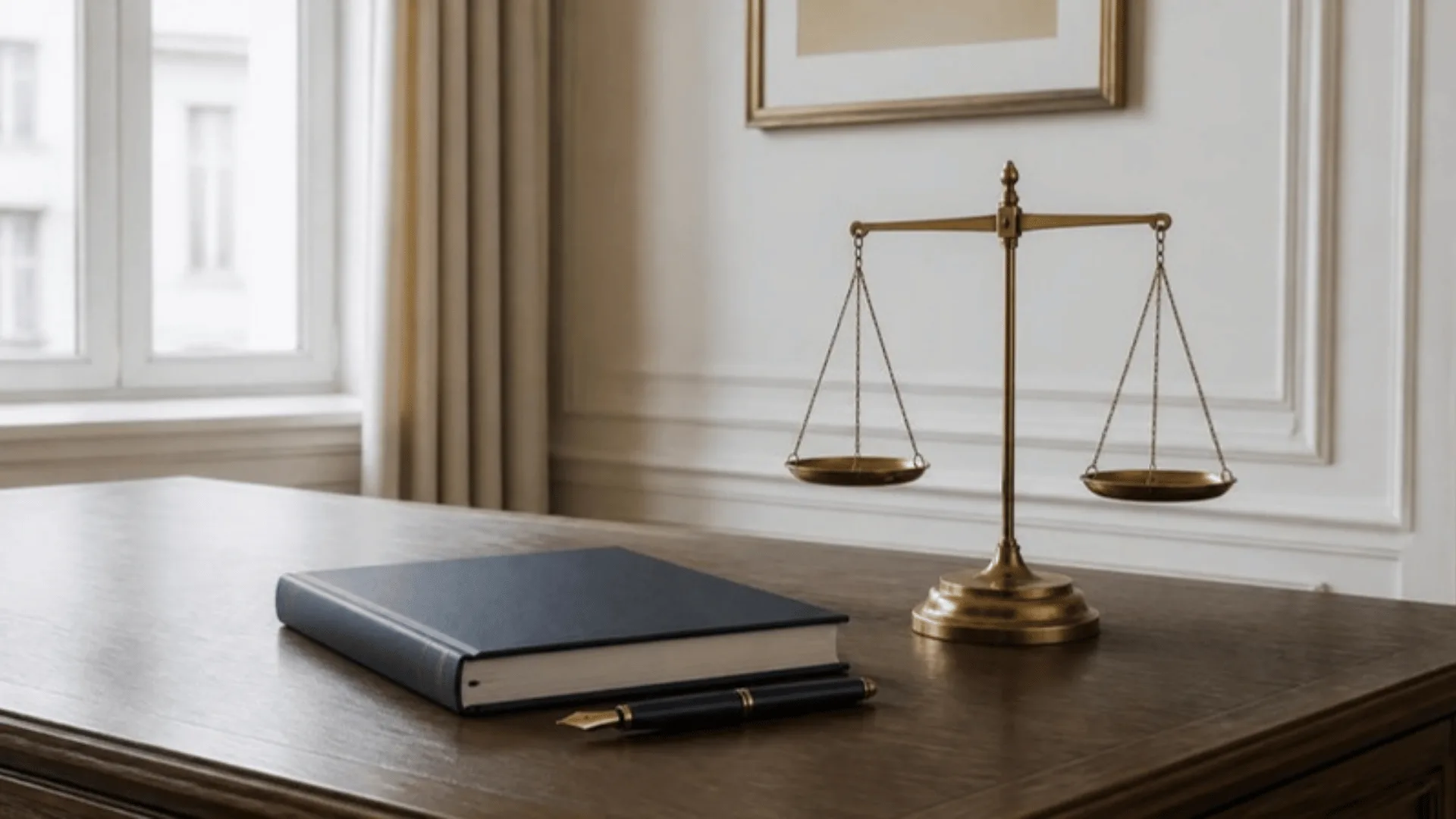 Balance de précision en laiton posée à côté d'un rapport relié fermé et d'un stylo plume