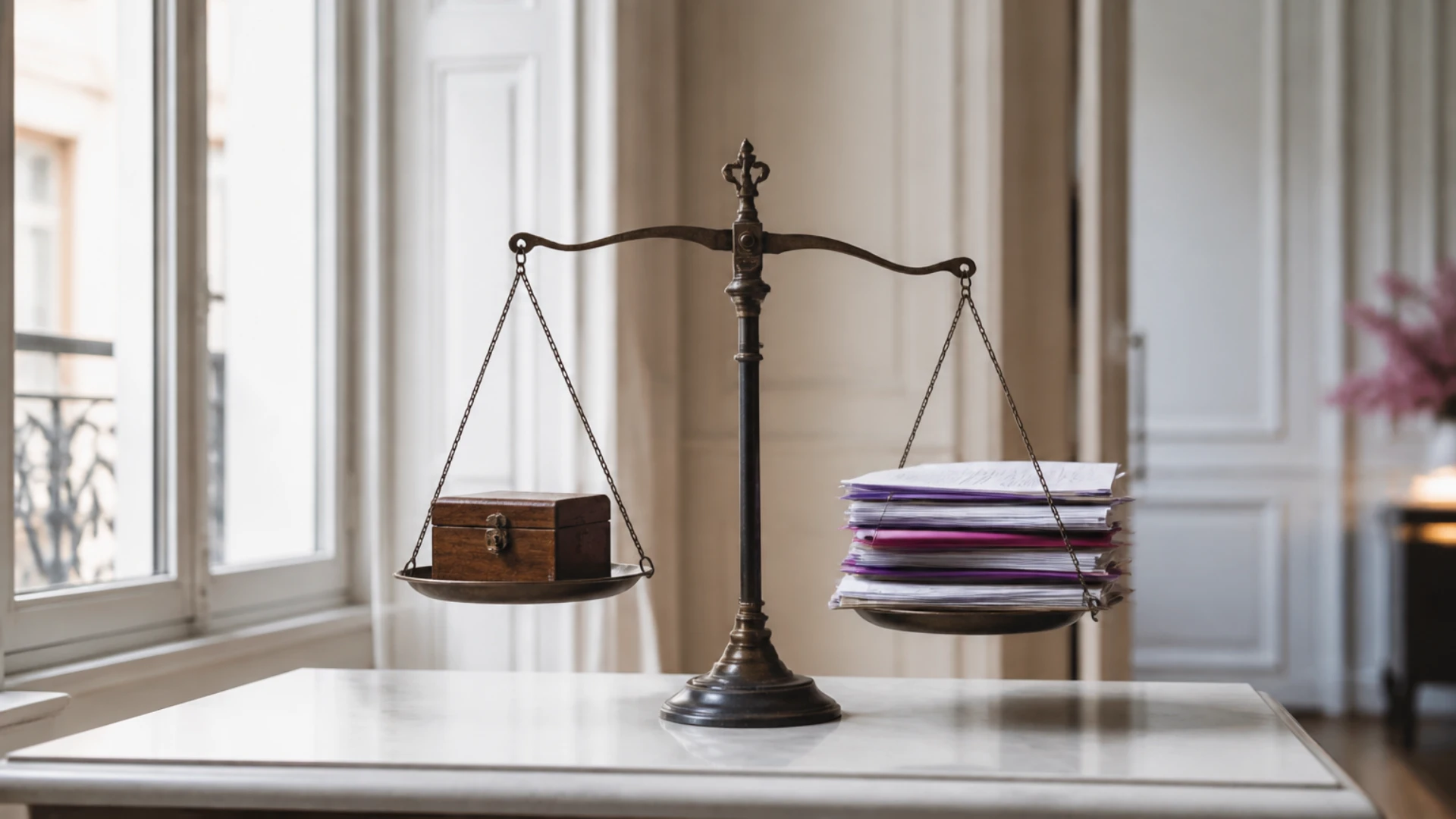 Balance ancienne en équilibre entre un coffret fermé et une pile de dossiers, illustrant l’évaluation d’un apport