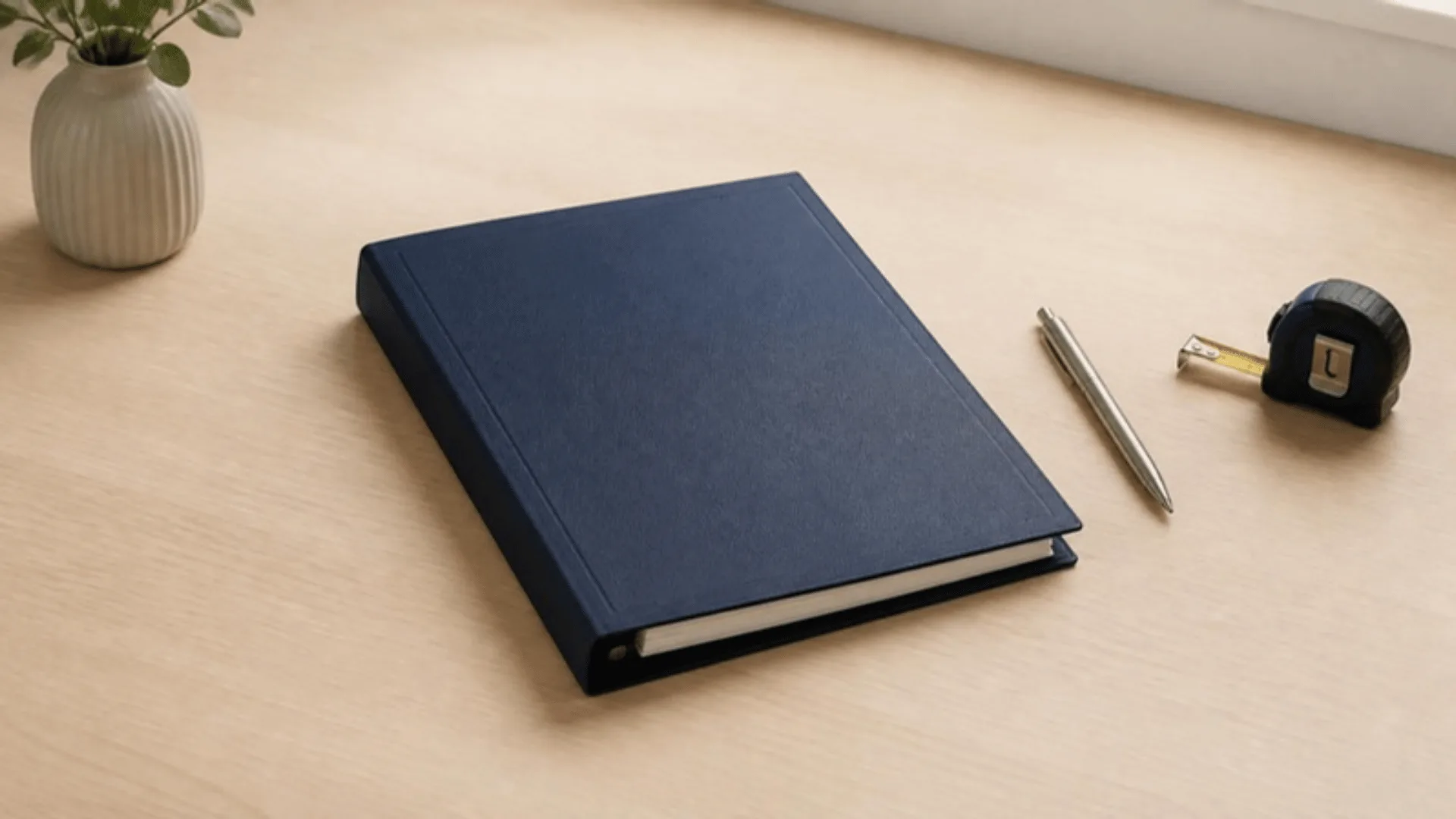 Rapport relié fermé posé sur un bureau à côté d'un mètre ruban et d'un stylo