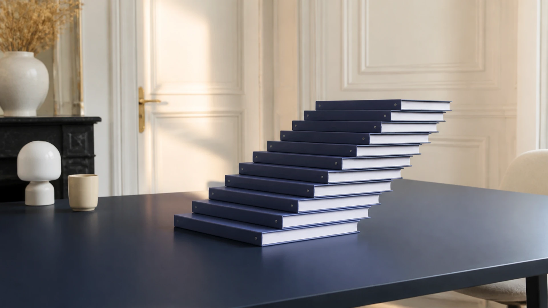 Douze dossiers identiques disposés en escalier, représentant le suivi comptable mensuel d’une entreprise