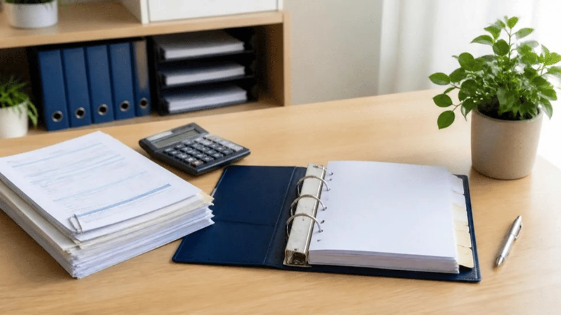 Pile de factures retenues par un trombone, calculatrice et classeur ouvert sur un bureau ordonné