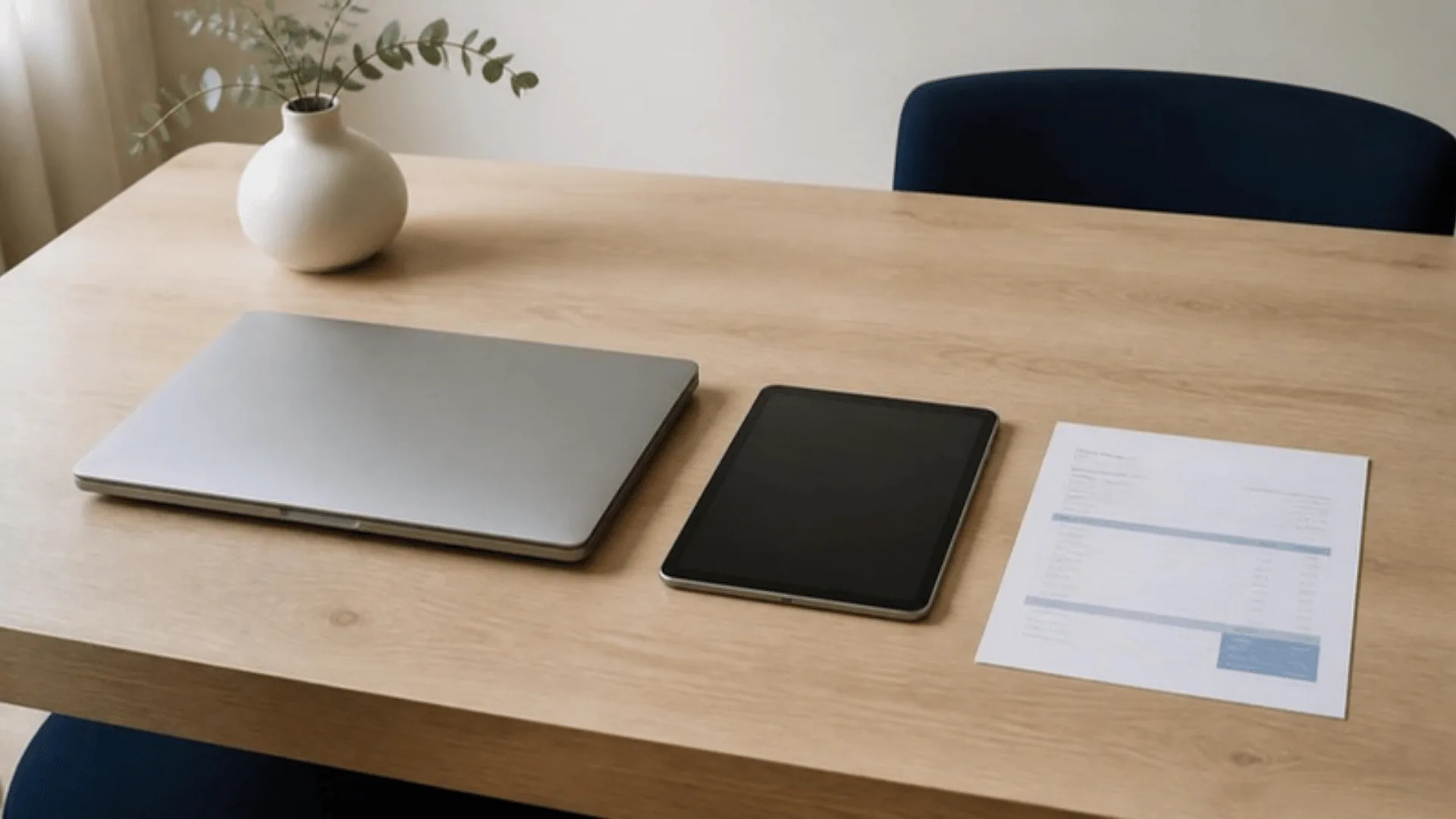 Ordinateur portable fermé posé à côté d'une tablette éteinte et d'une facture papier