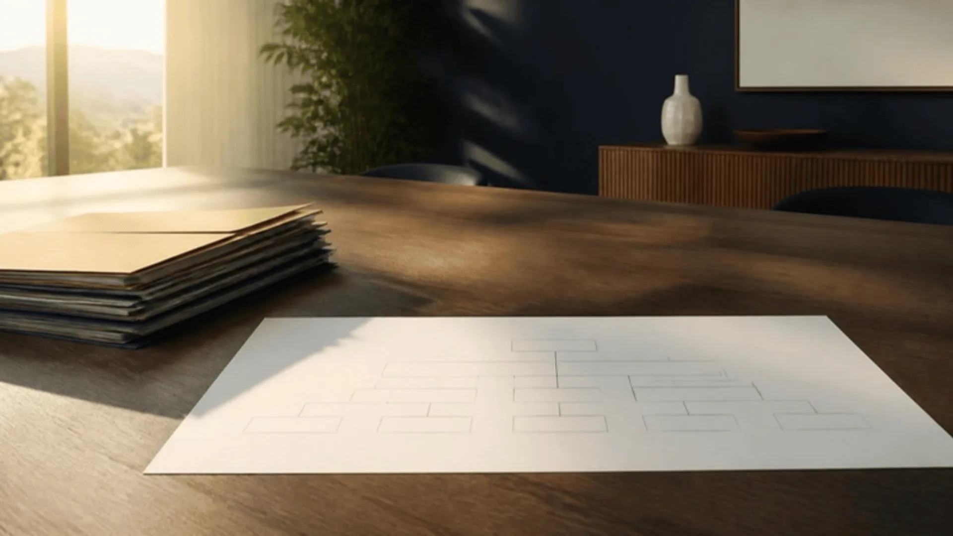 Organigramme de groupe vierge posé sur une table en bois foncé à côté d'une pile de dossiers