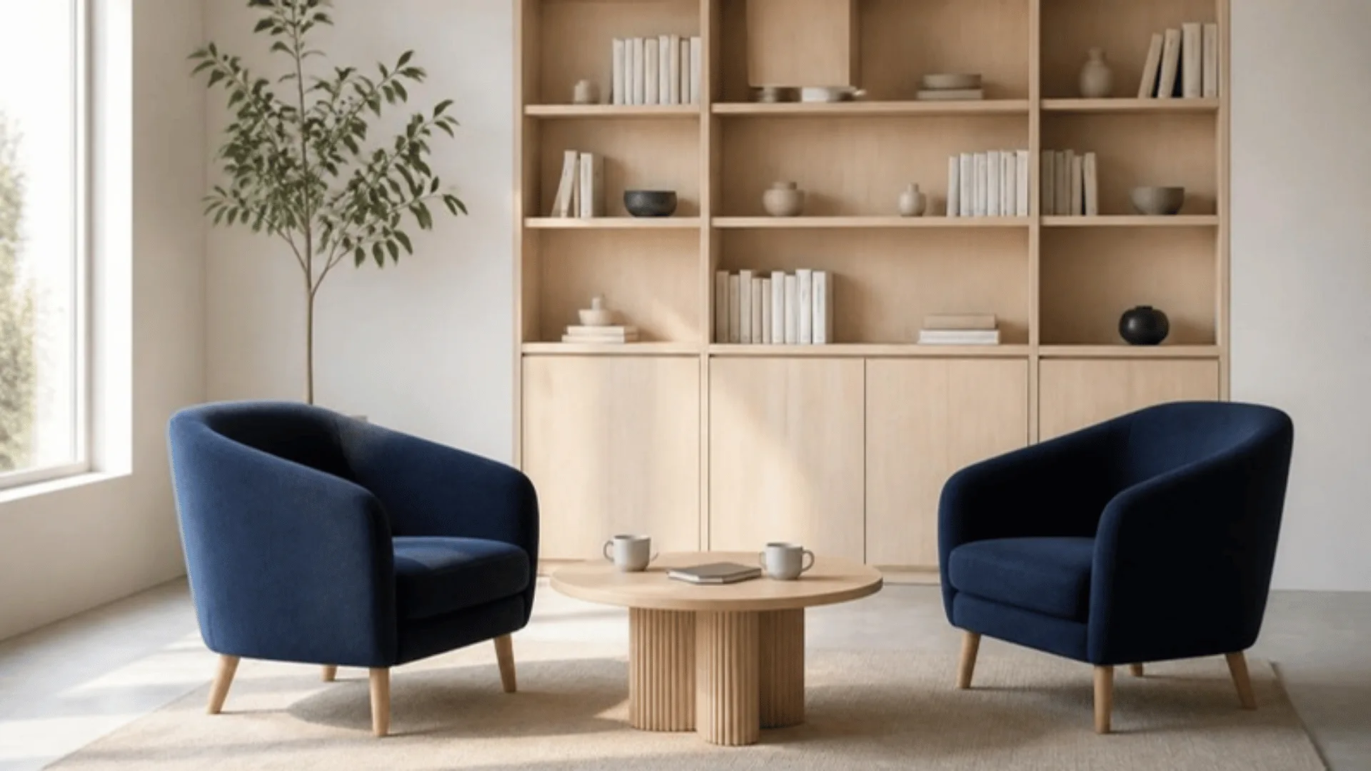 Deux fauteuils bleu nuit face à face autour d'une table basse où sont posés un carnet et deux tasses