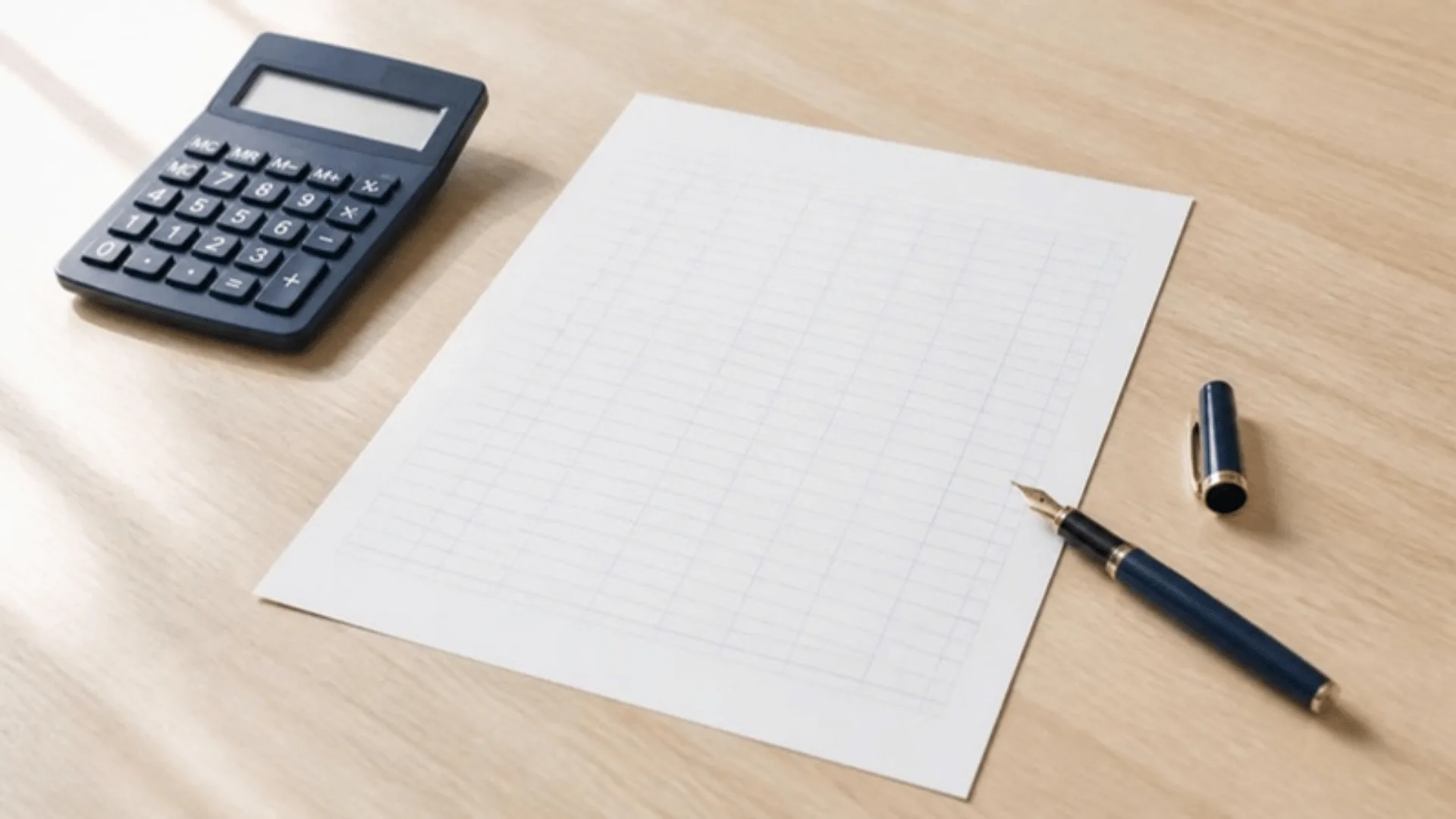 Feuille de calcul vierge, calculatrice et stylo plume posés sur une table en bois clair