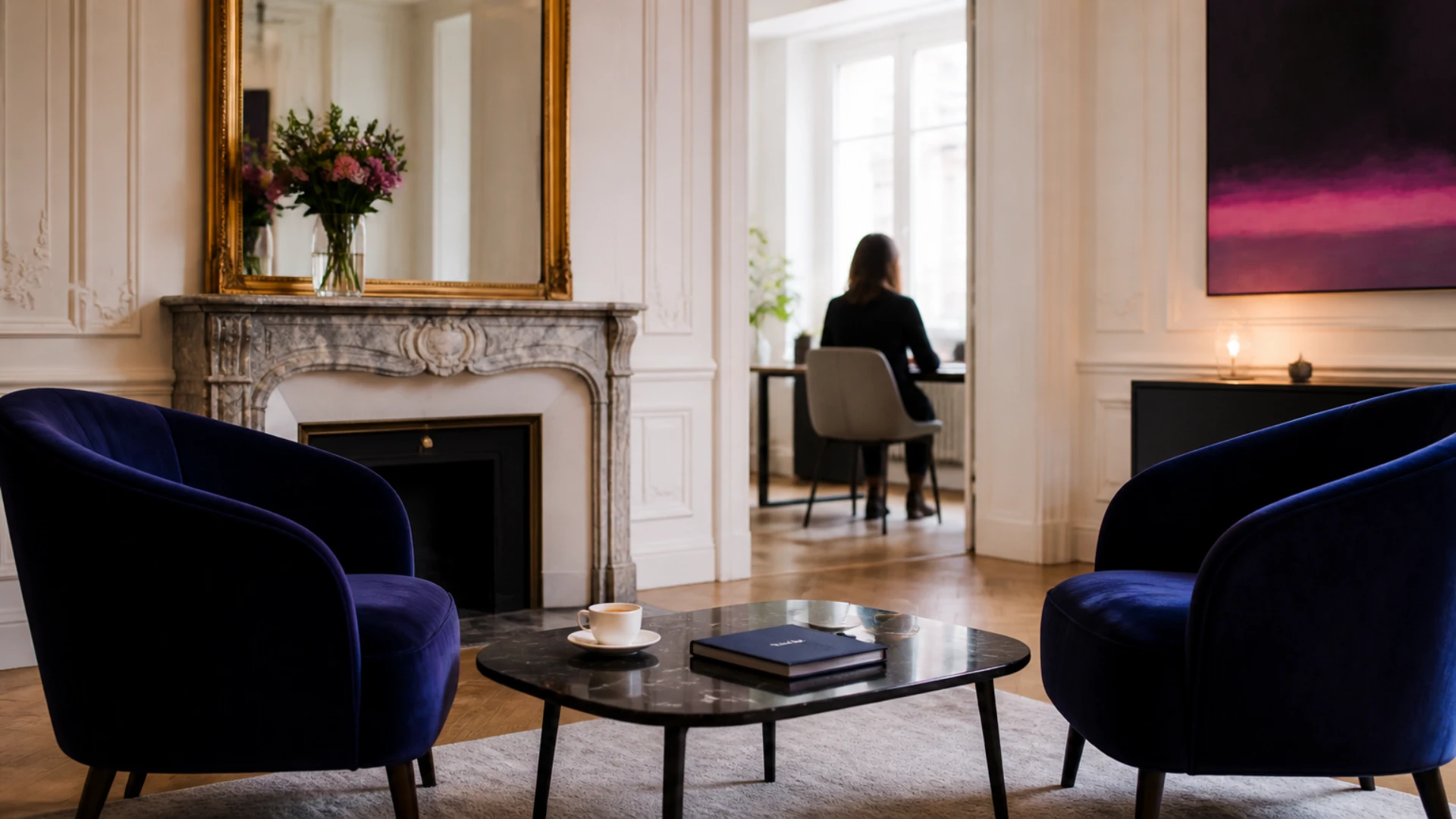 Deux fauteuils face à face dans un salon haussmannien de cabinet comptable, préparés pour un entretien de conseil au dirigeant