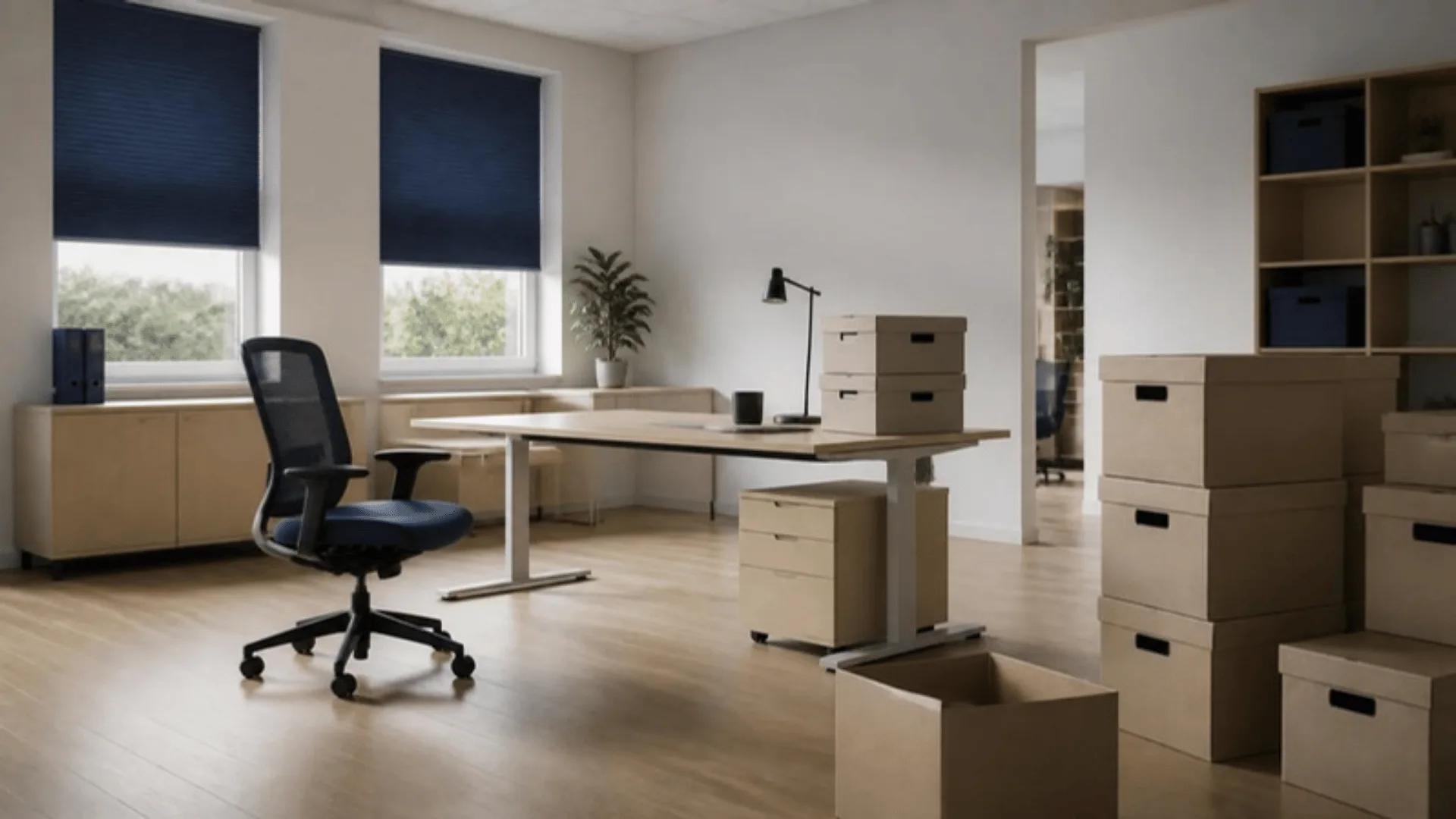 Bureau vide avec cartons d'archives empilés et une chaise seule devant des stores à demi baissés