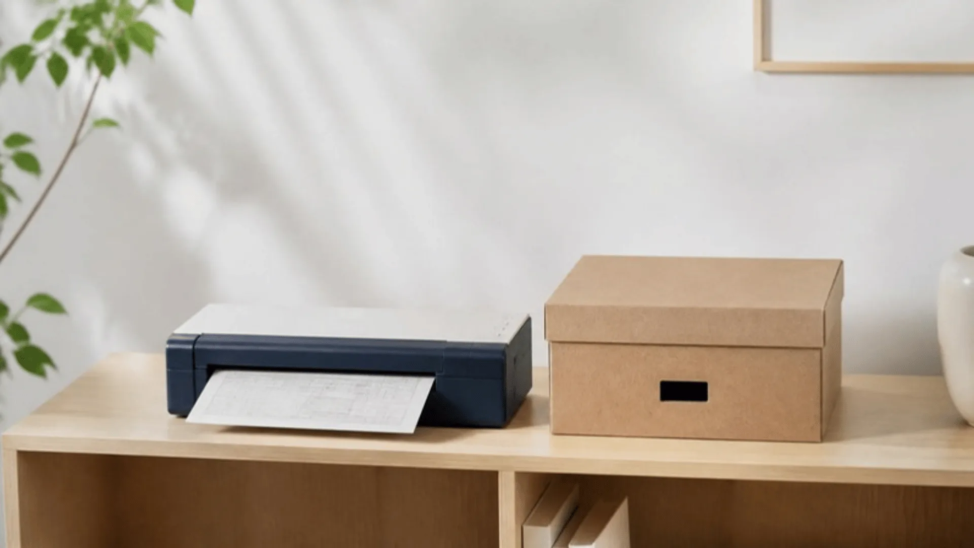 Scanner de bureau avec une facture engagée, à côté d'une boîte d'archives kraft fermée