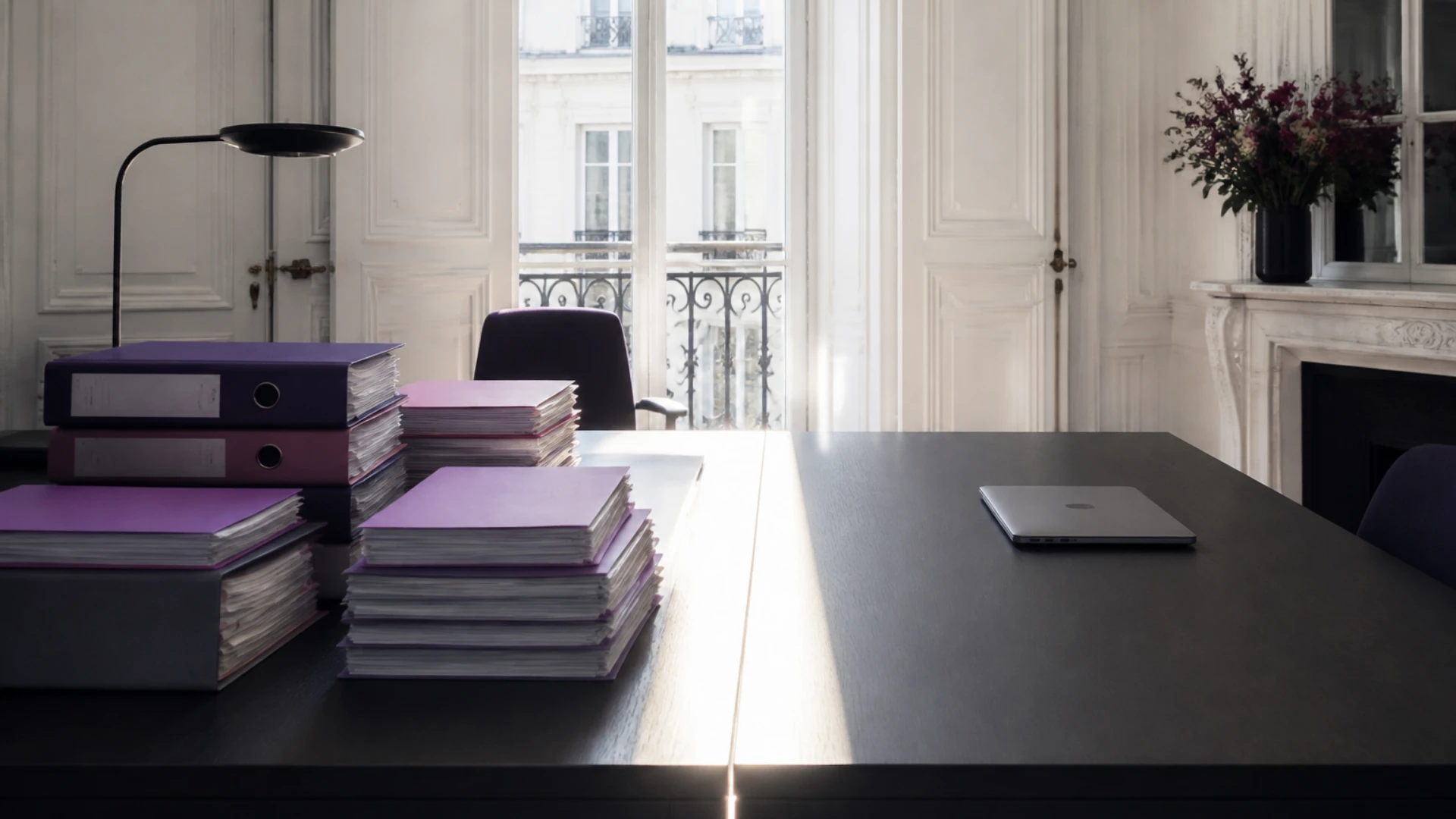 Deux plans de travail voisins dans un bureau haussmannien, l’un chargé de classeurs, l’autre dégagé, illustrant le partage des tâches en externalisation comptable
