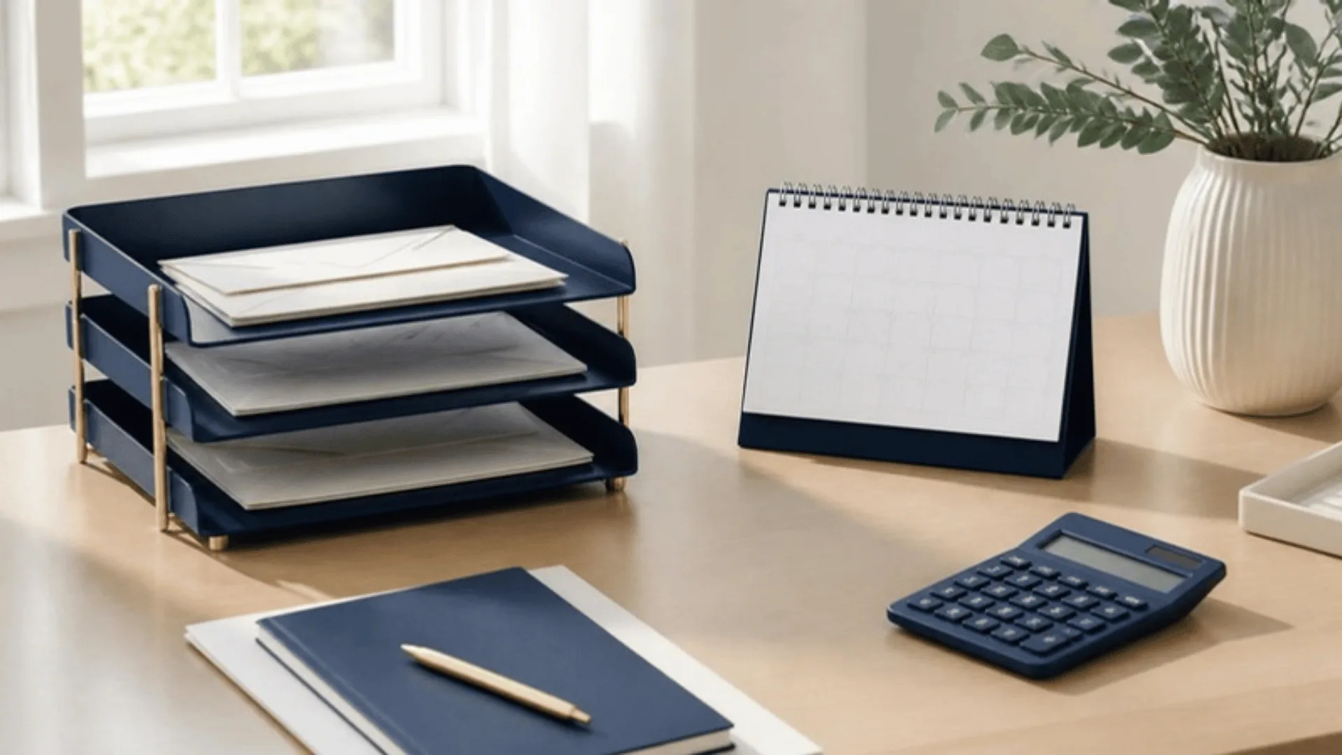 Bannette contenant des enveloppes fermées, calendrier de bureau et calculatrice sur un bureau en bois clair